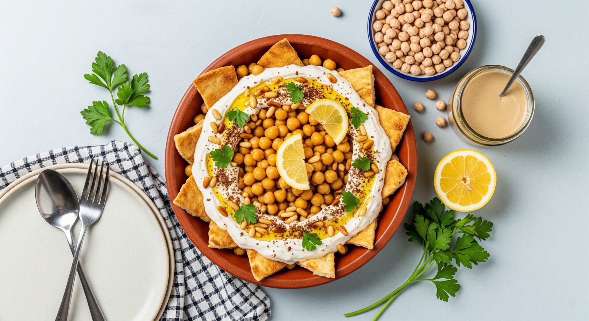 Arabische Fatteh met Kikkererwten en Yoghurt