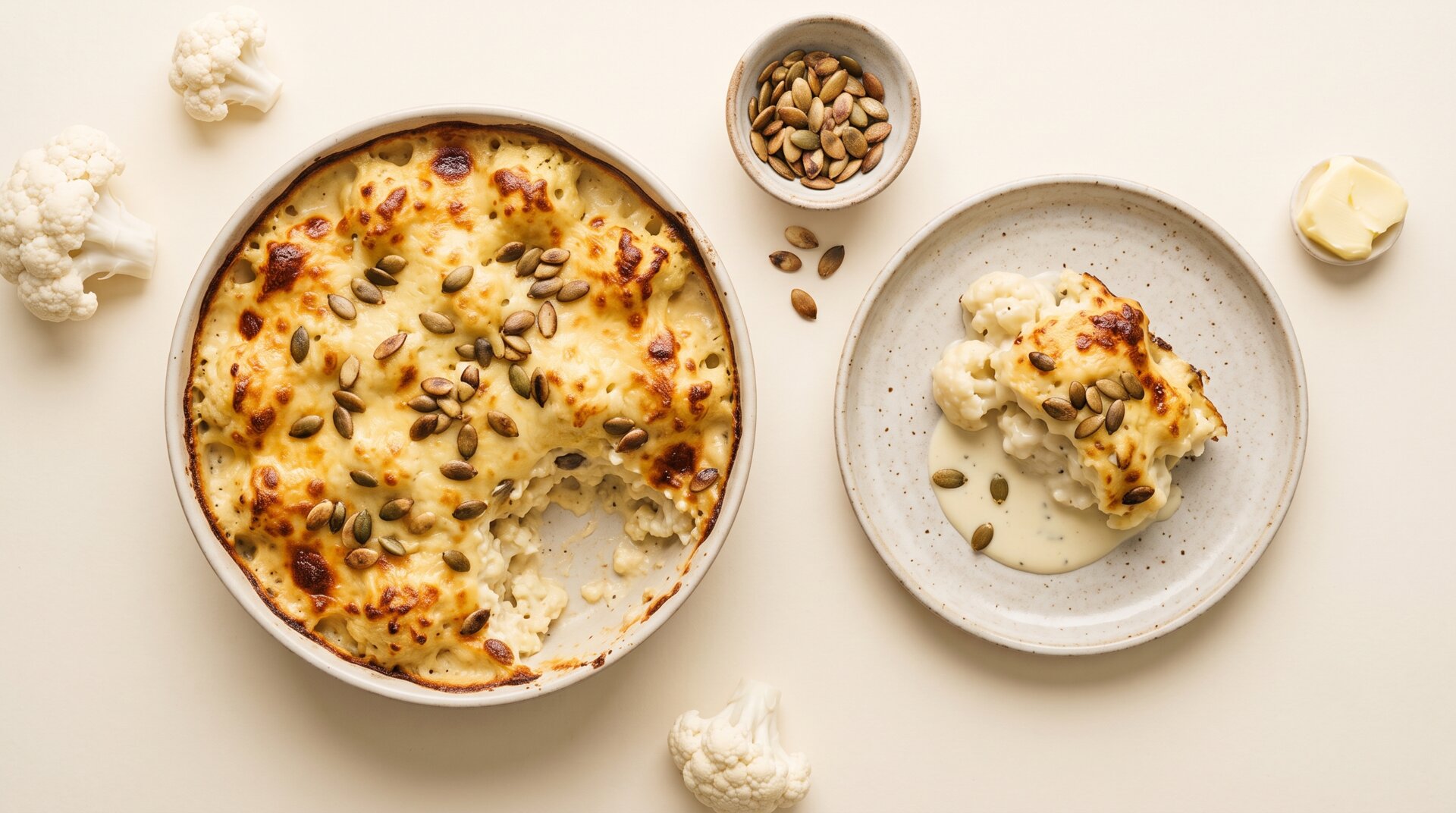 Bloemkool-Kaas Gratin met Pompoenpitten
