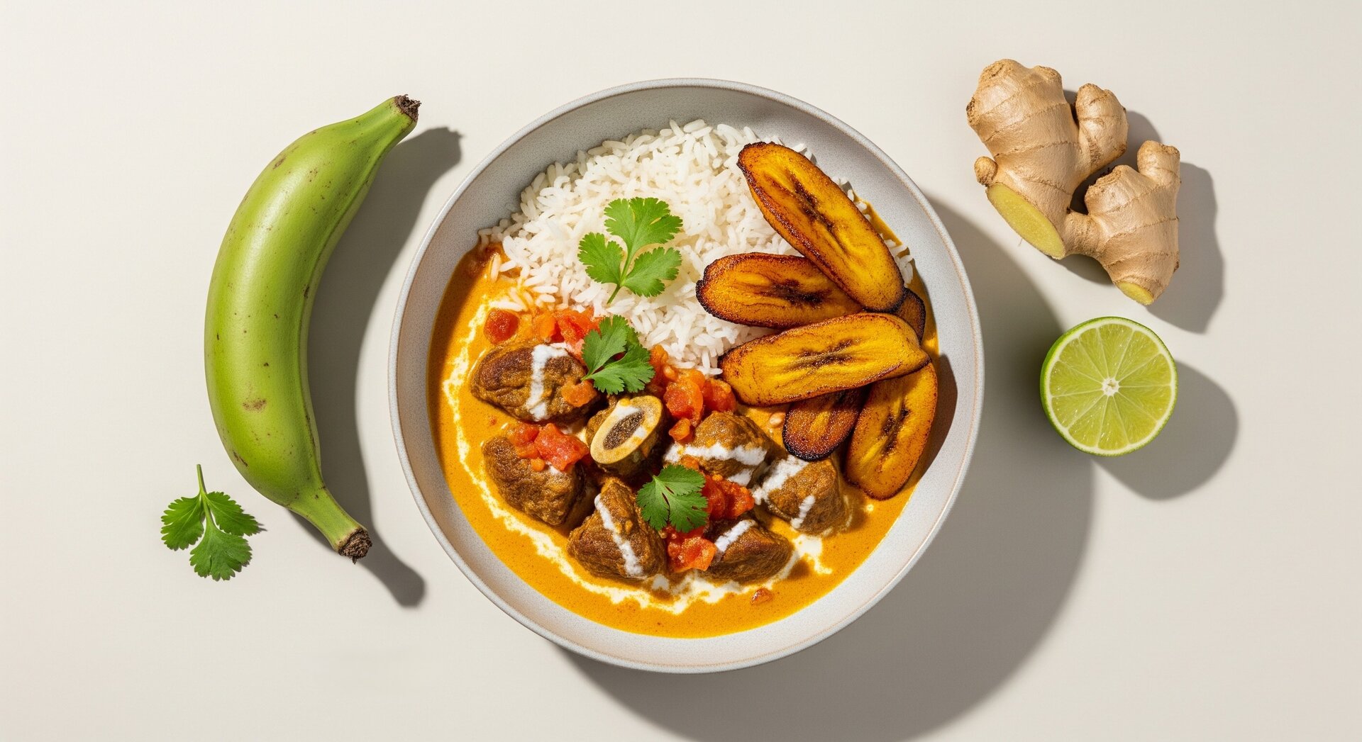 Caribische Lamscurry met Rijst en Bakbanaan