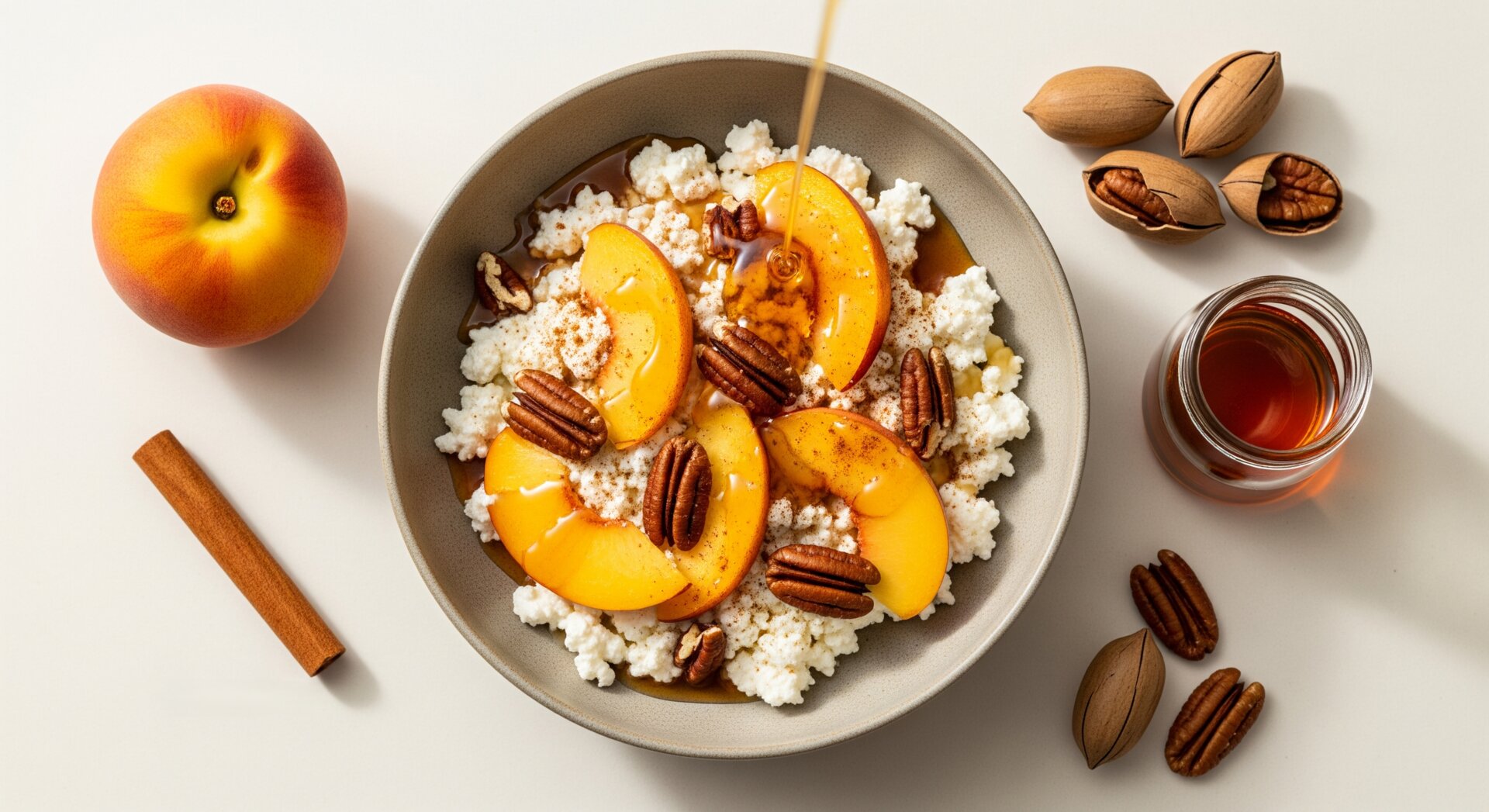 Cottage Cheese Bowl met Perzik en Pecannoten
