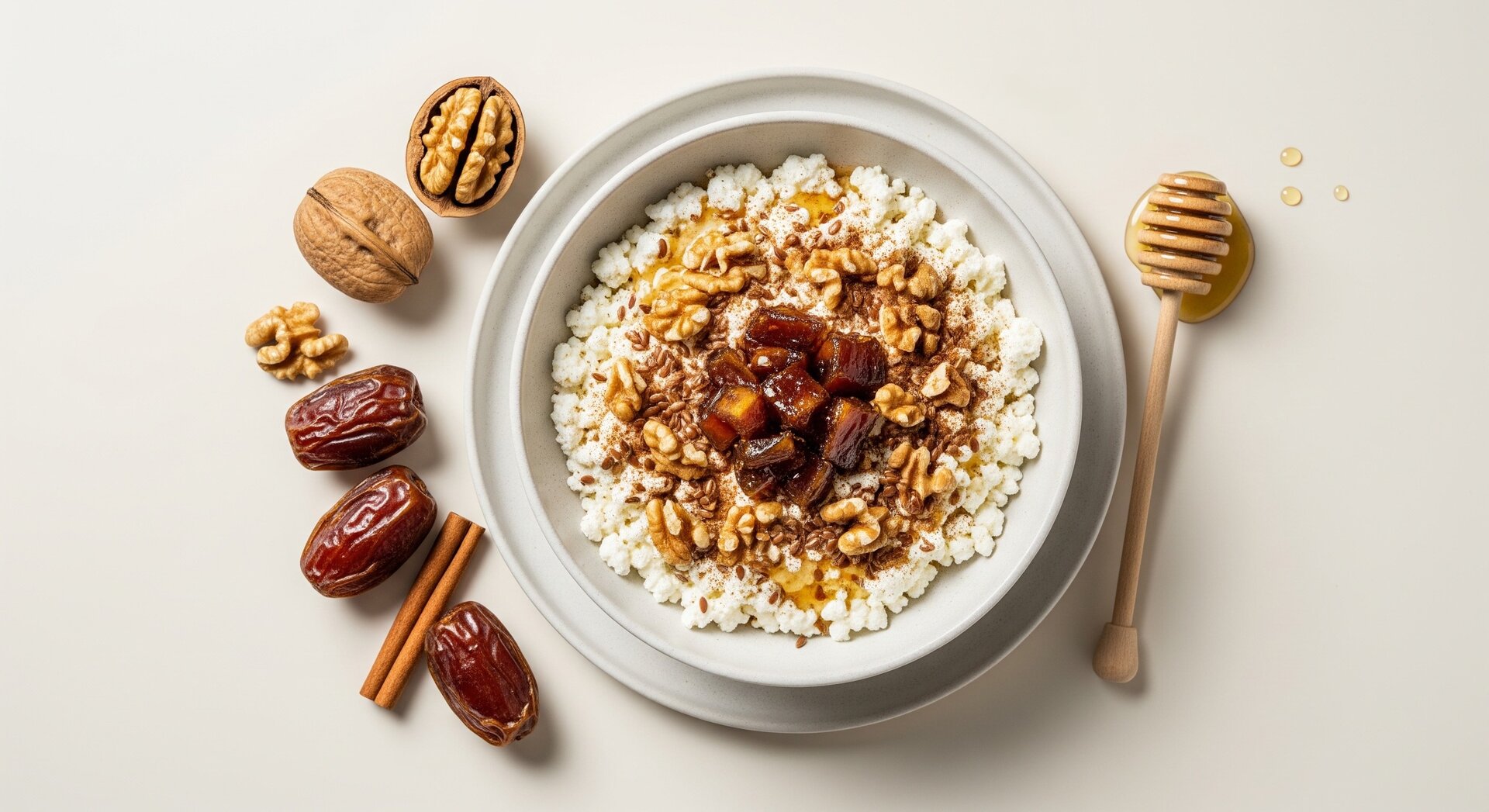 Cottage Cheese met Walnoten, Dadels en Honing