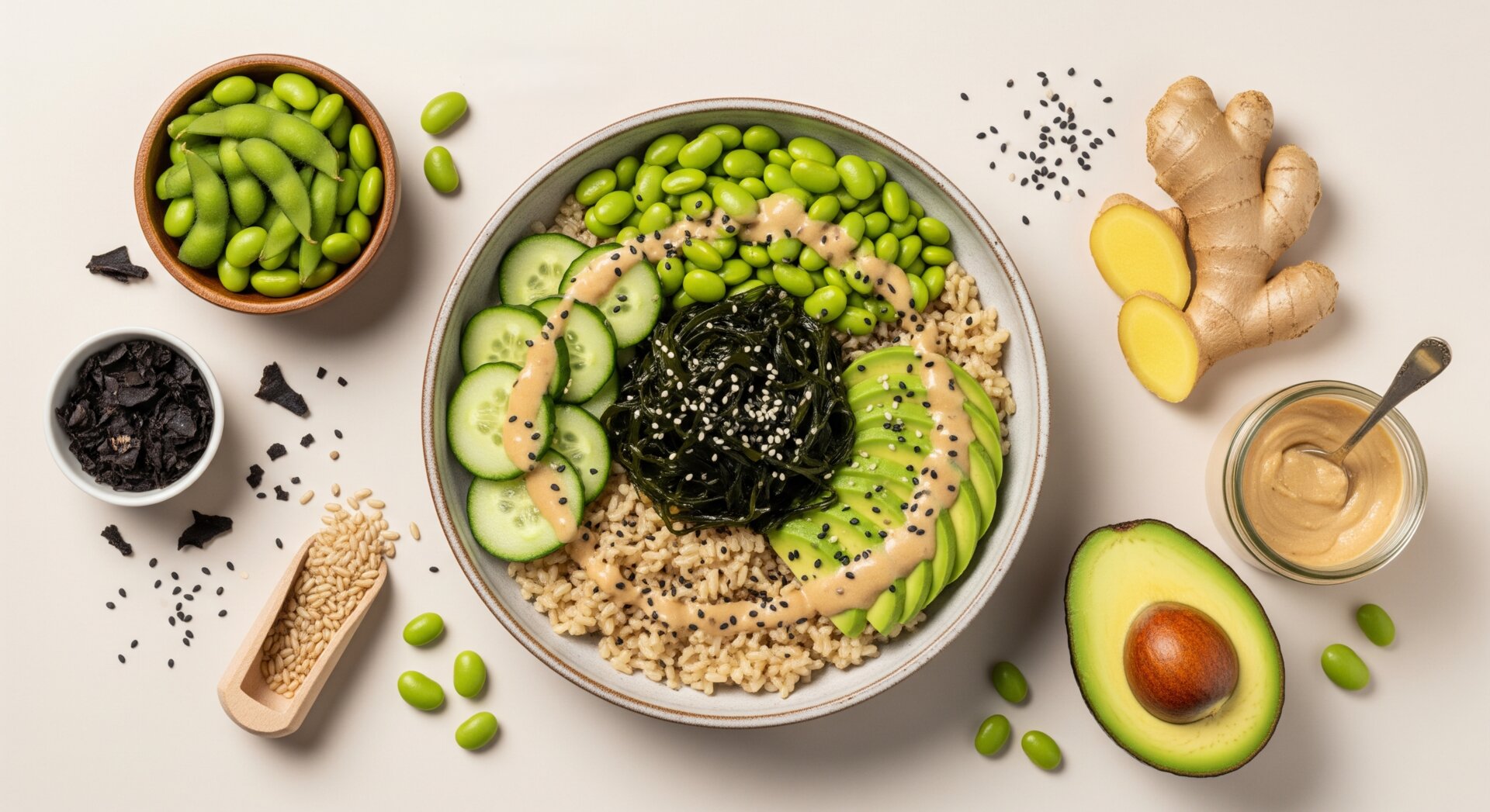 Edamame Zeewier Bowl met Gember-Tahini