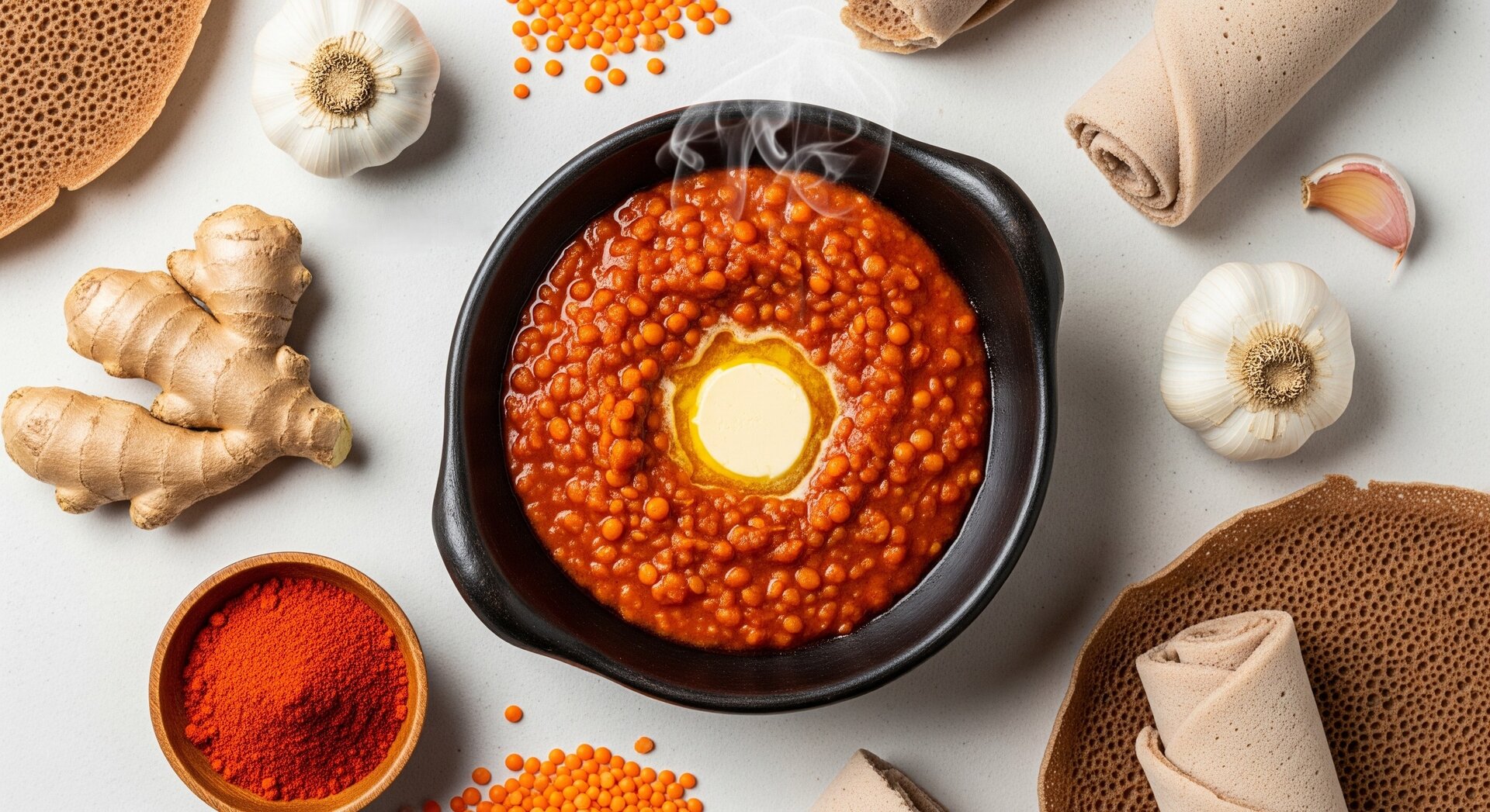 Ethiopische Misir Wot met Teff Pannenkoeken
