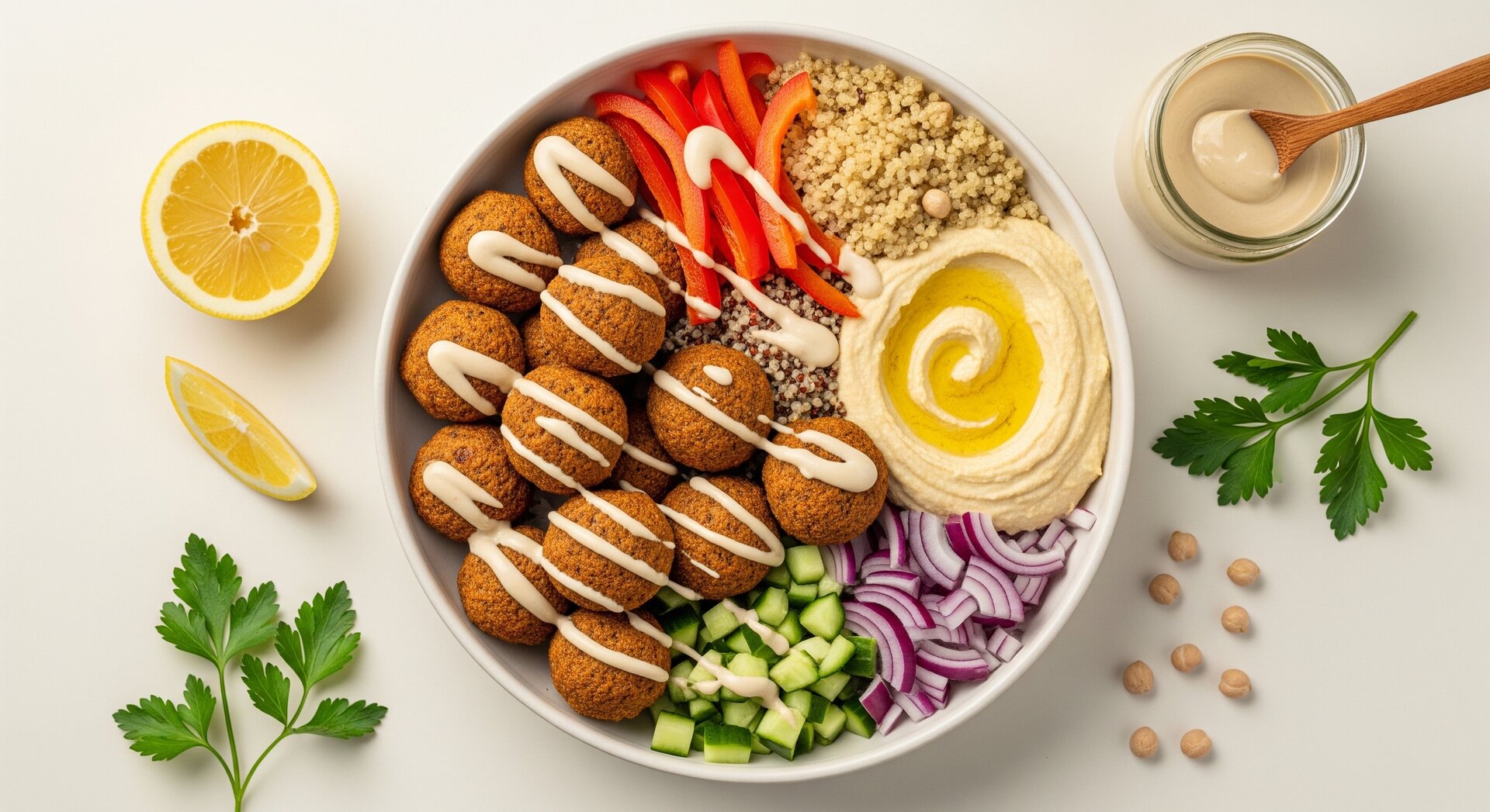 Falafel Bowl met Hummus en Tahinidressing