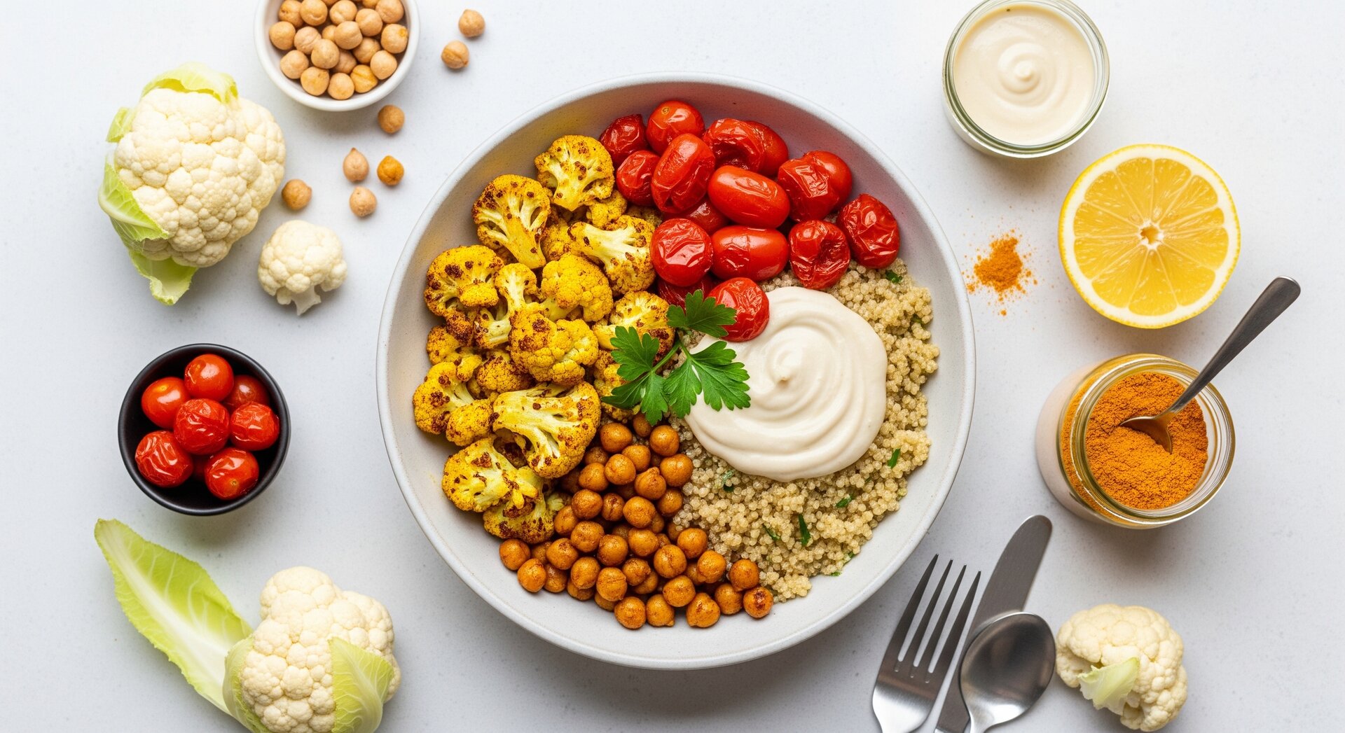 Geroosterde Bloemkool Bowl met Kikkererwten en Tahini