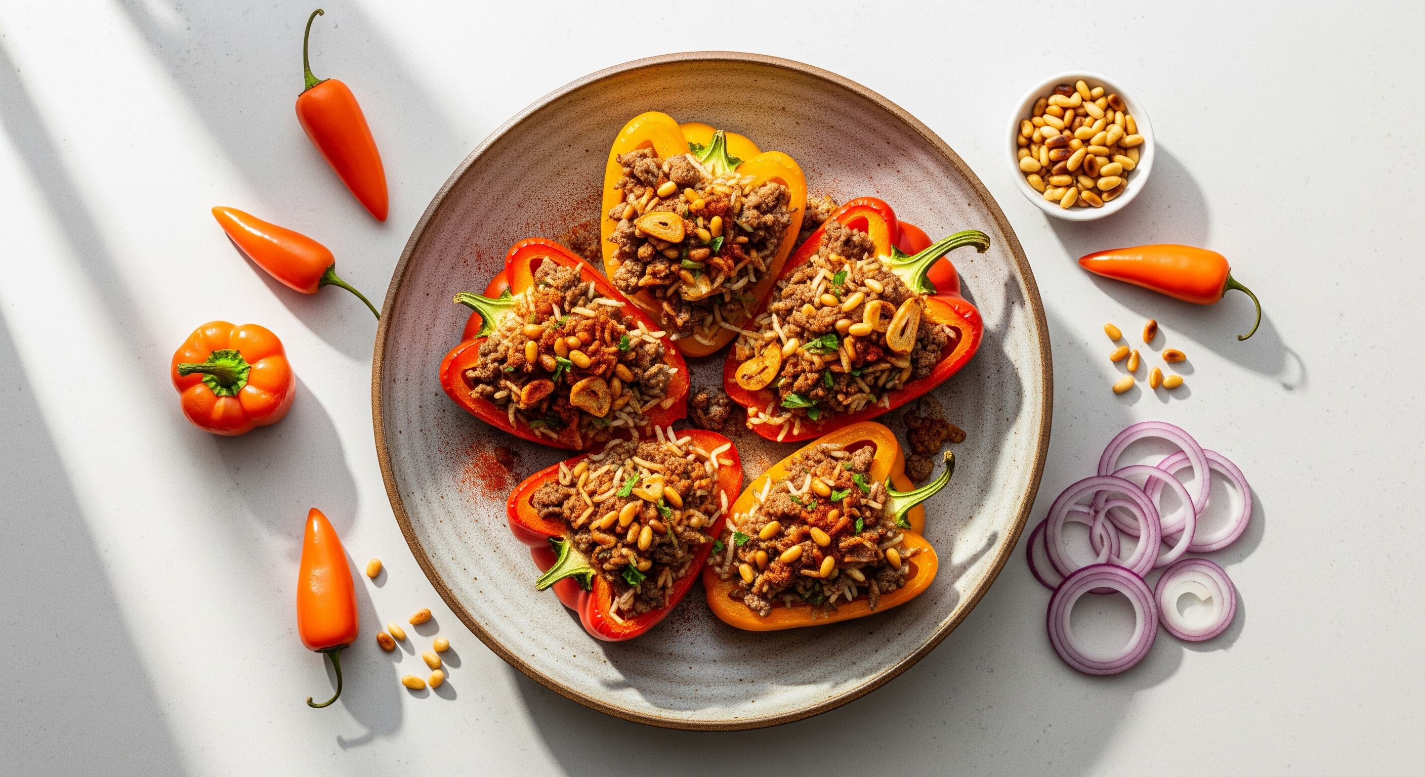Gevulde Paprika's met Lamsgehakt, Rijst & Pijnboompitten