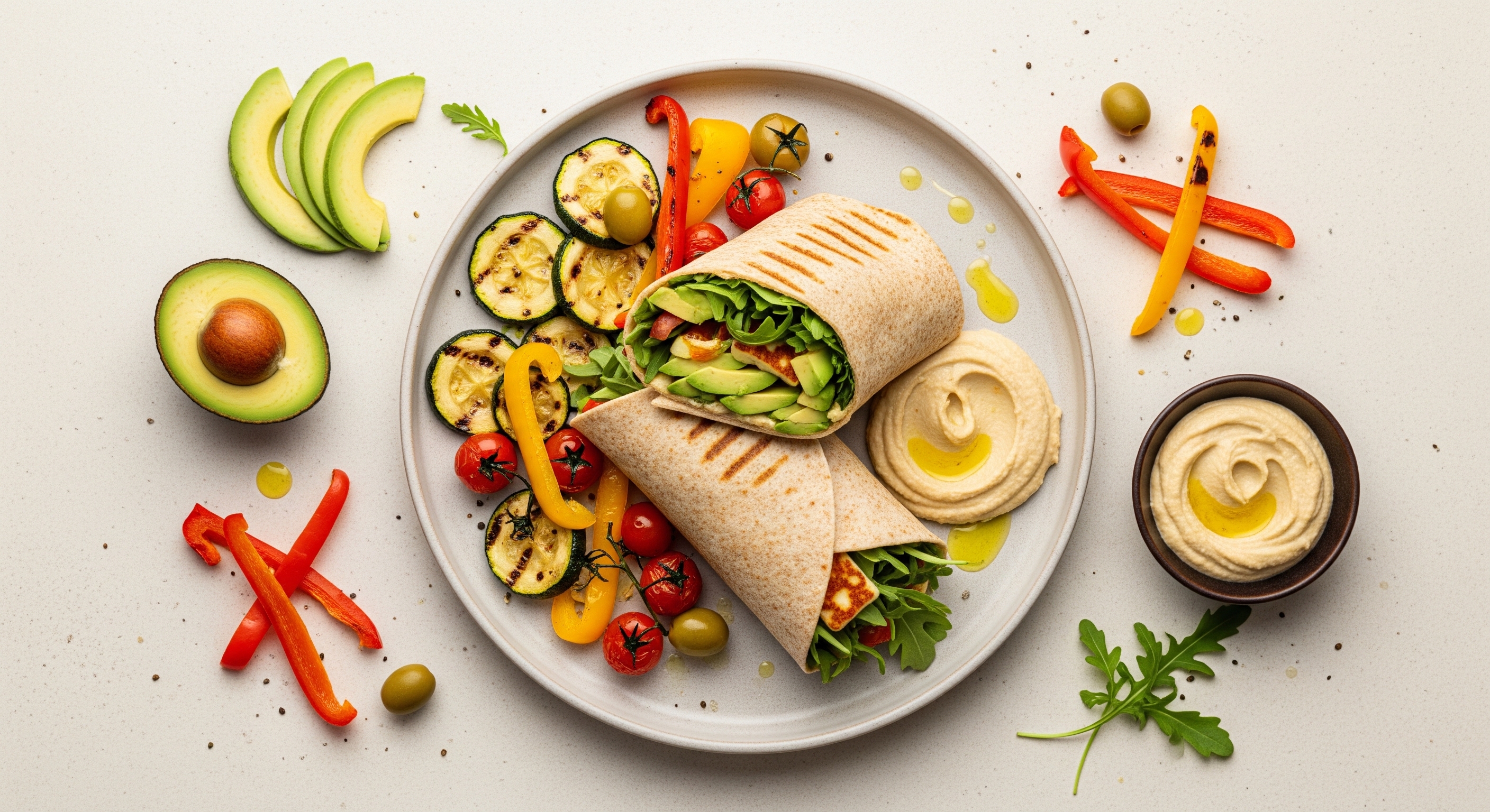 Halloumi & Avocado Wrap met Hummus & Geroosterde Groenten