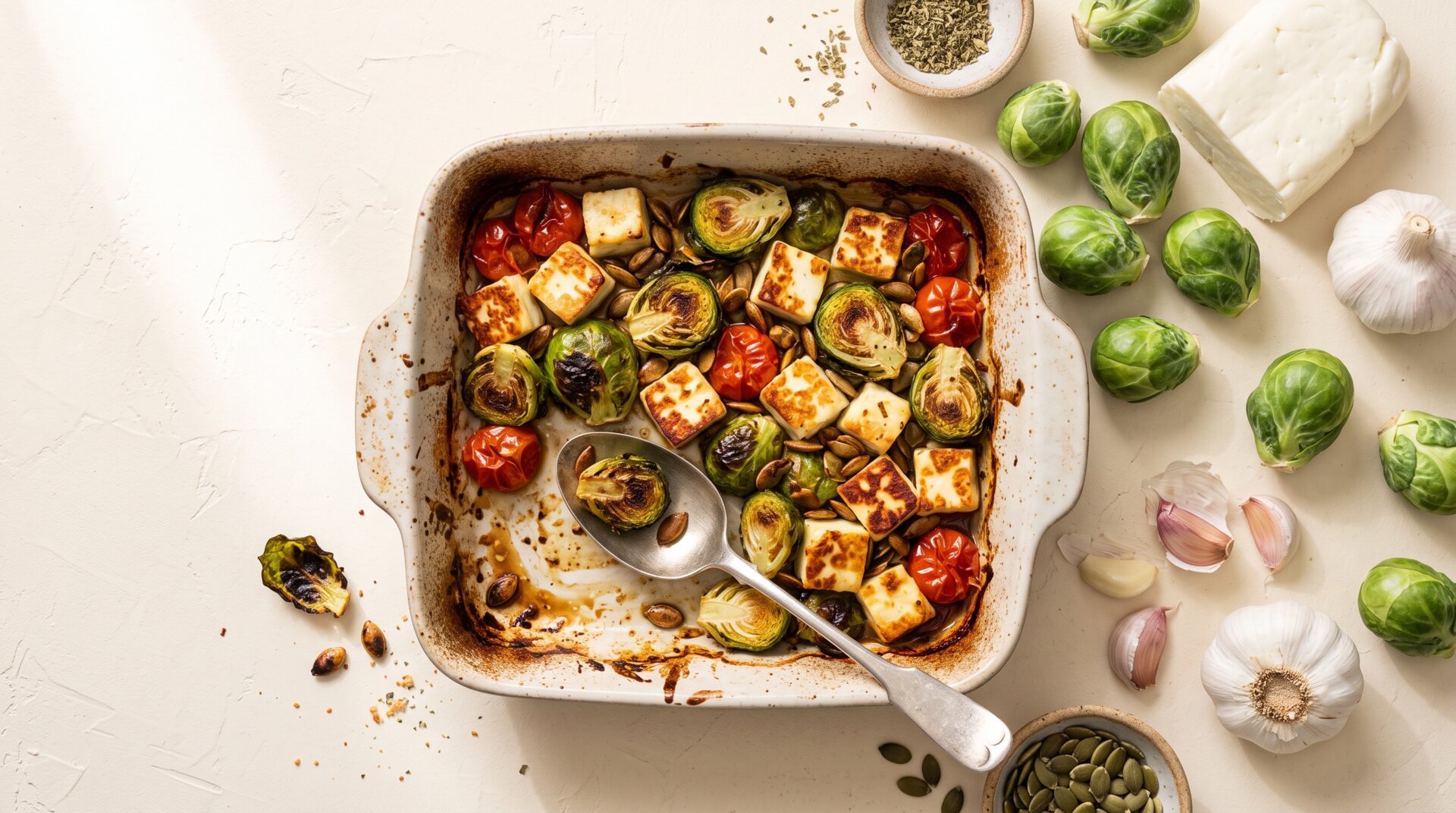 Ovenschotel met Halloumi en Spruitjes