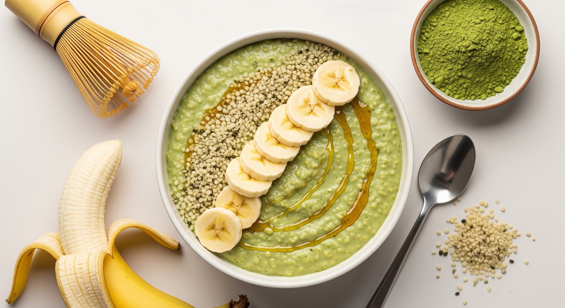 Havermout-Matcha Latte Bowl met Hennepzaad