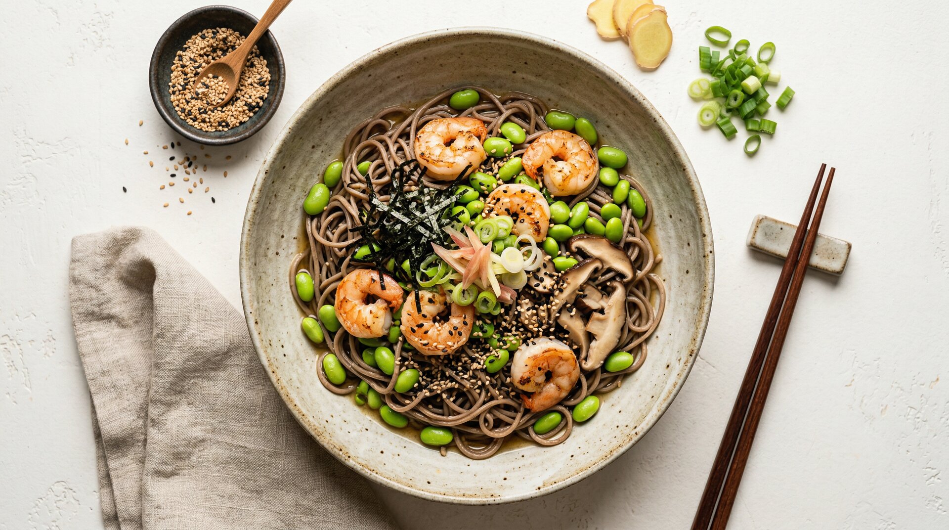 Japanse Garnalen-Edamame Soba Noedels