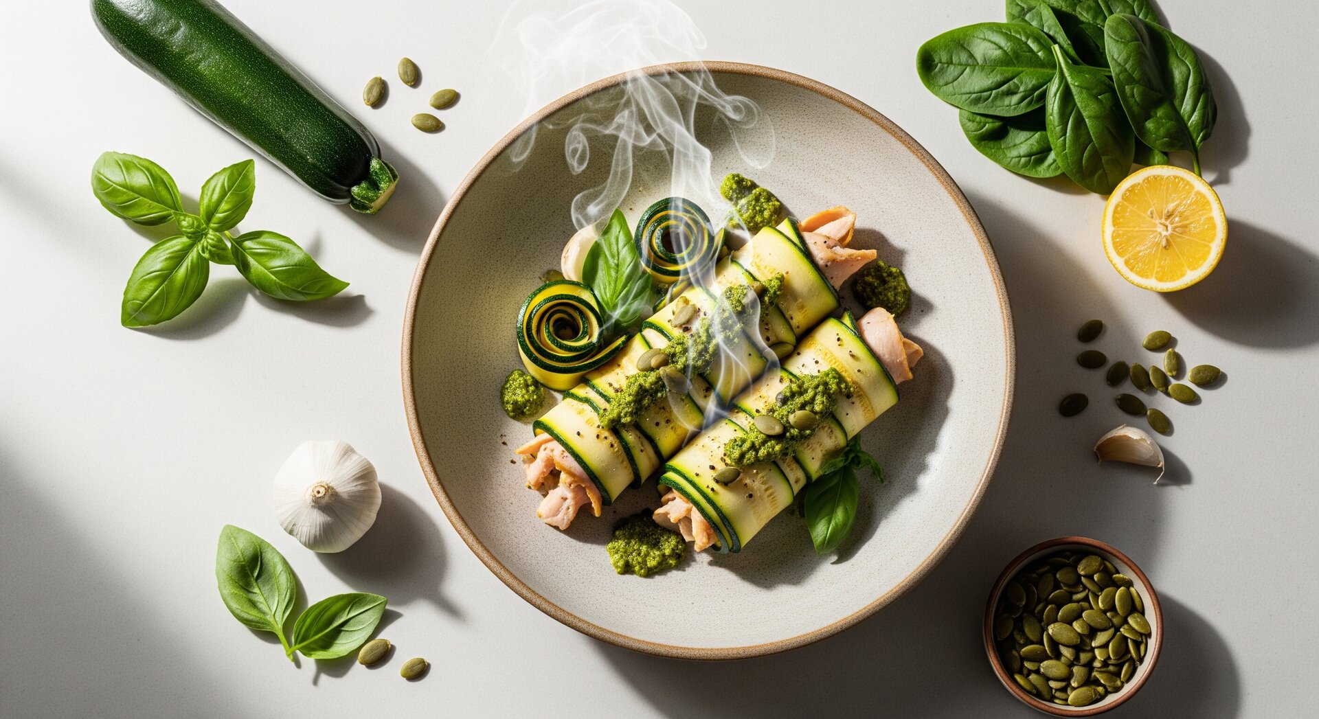Kalkoen-Courgette Rolletjes met Pompoenpitten-Pesto (Keto)