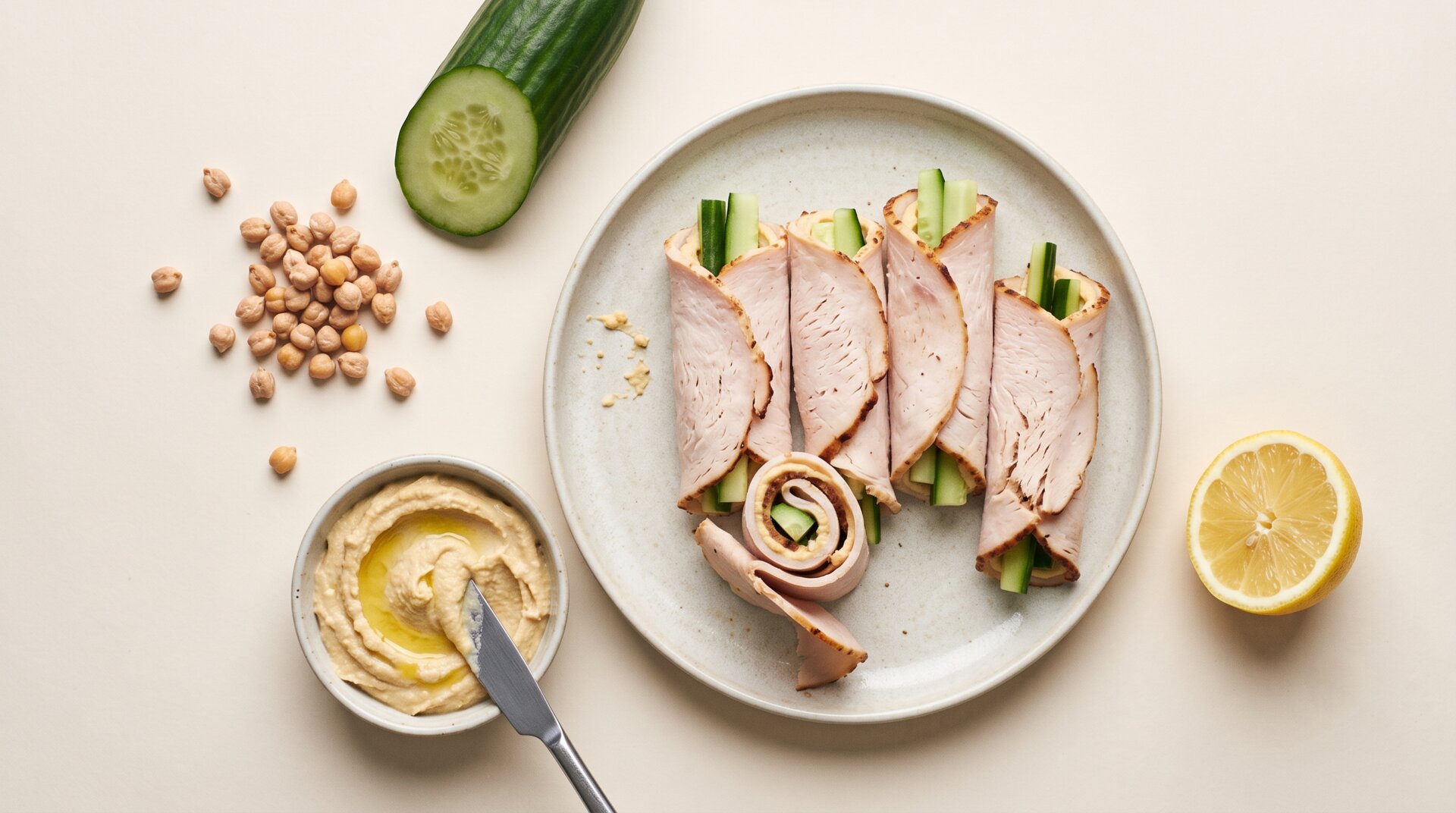 Kalkoen Rolletjes met Hummus en Komkommer