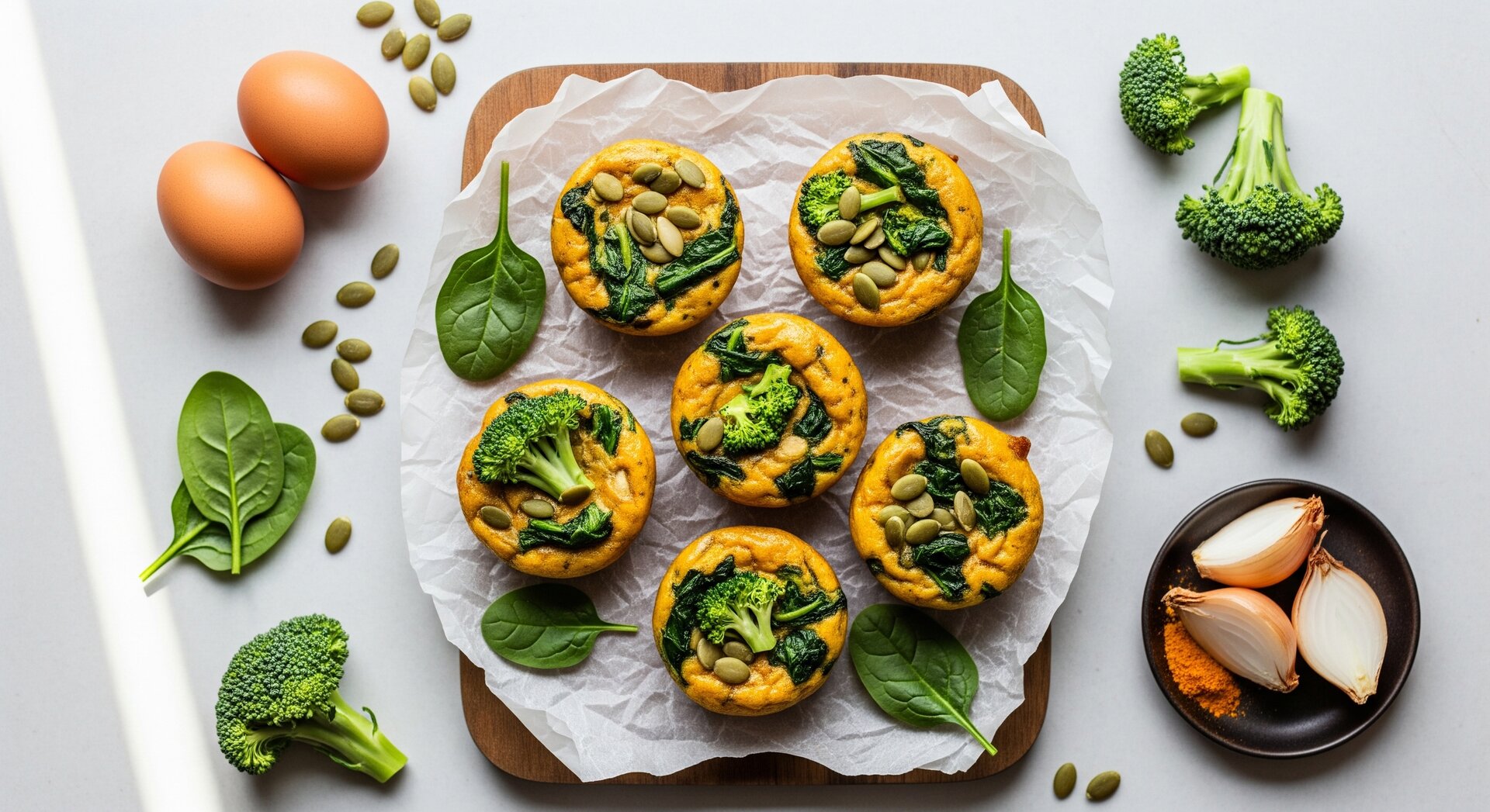 Hartige Ei-Muffins met Pompoenpitten, Broccoli en Spinazie