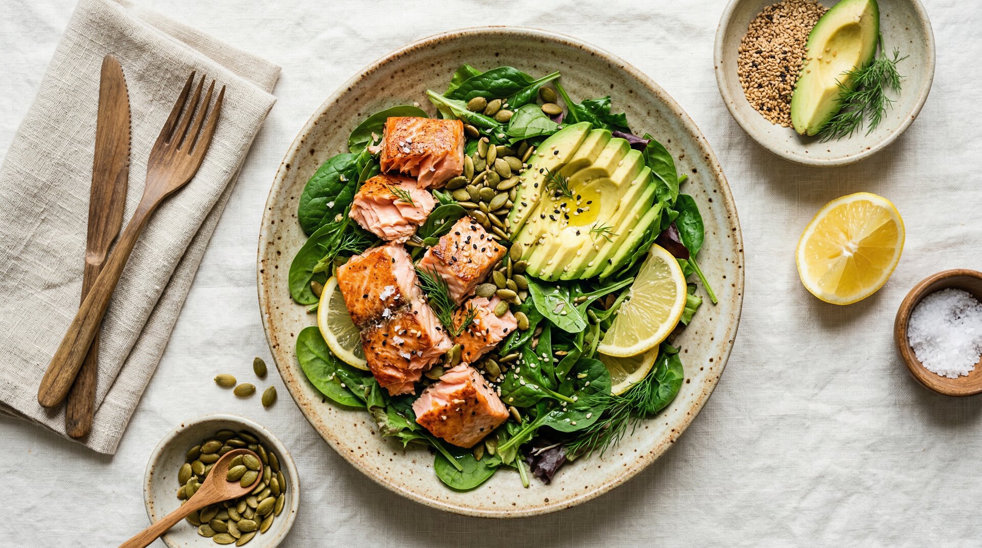 Zalmsalade met Avocado, Spinazie en Pompoenpitten