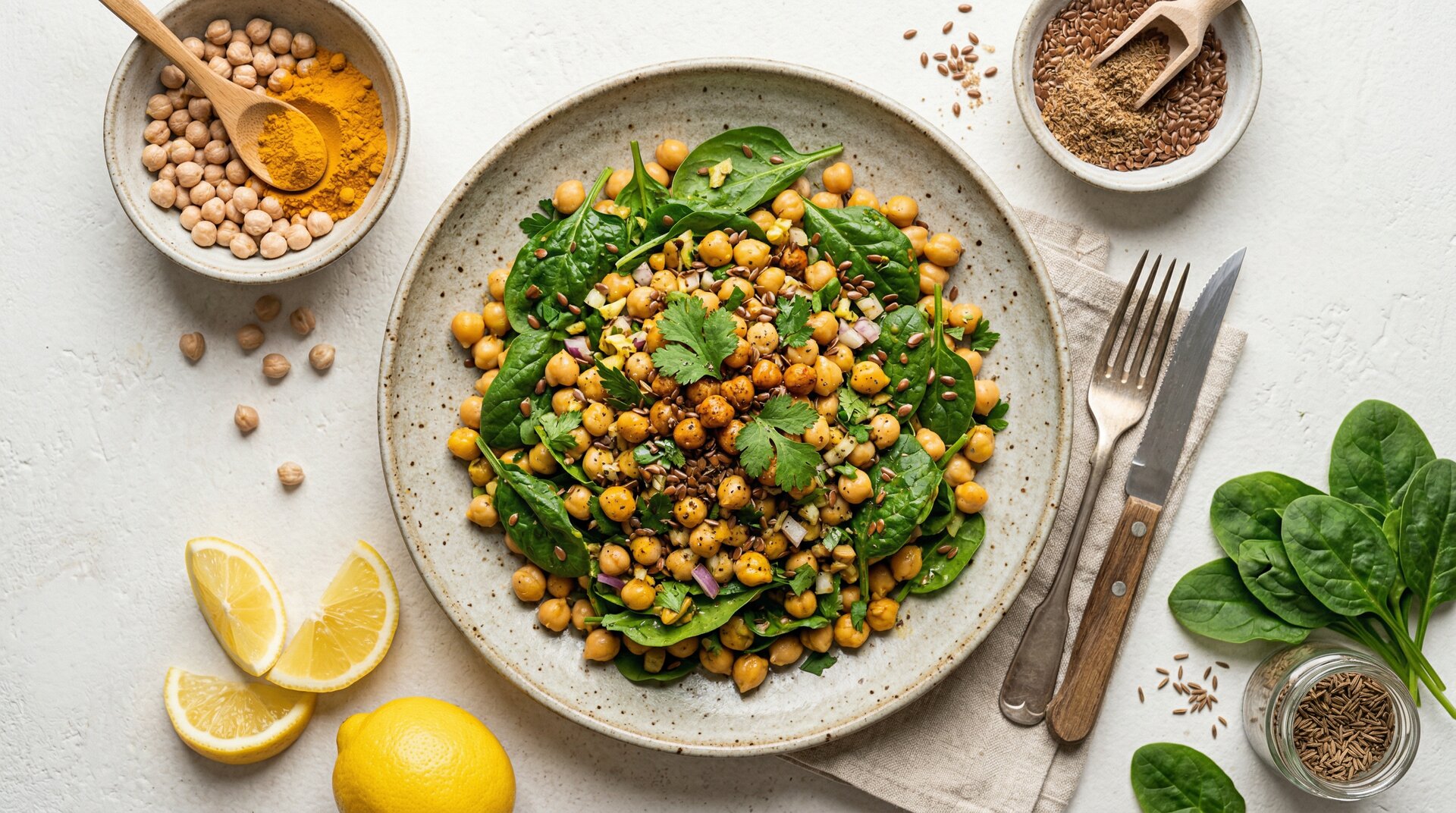 Kikkererwten-Kurkuma Salade met Spinazie en Lijnzaad