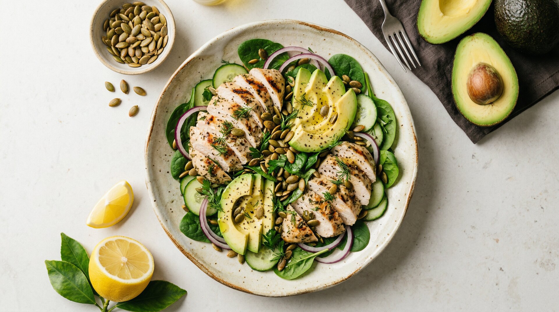 Kip-Avocado Salade met Pompoenpitten en Citroen (Keto)