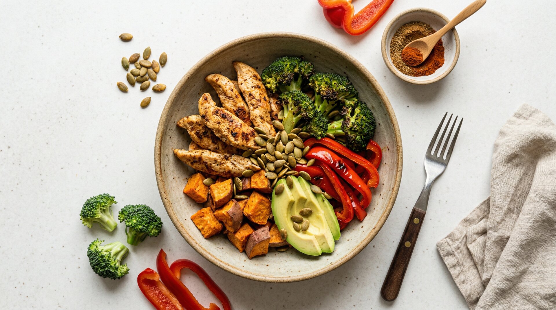 Kip-Pompoenpitten Bowl met Geroosterde Groenten (Paleo)