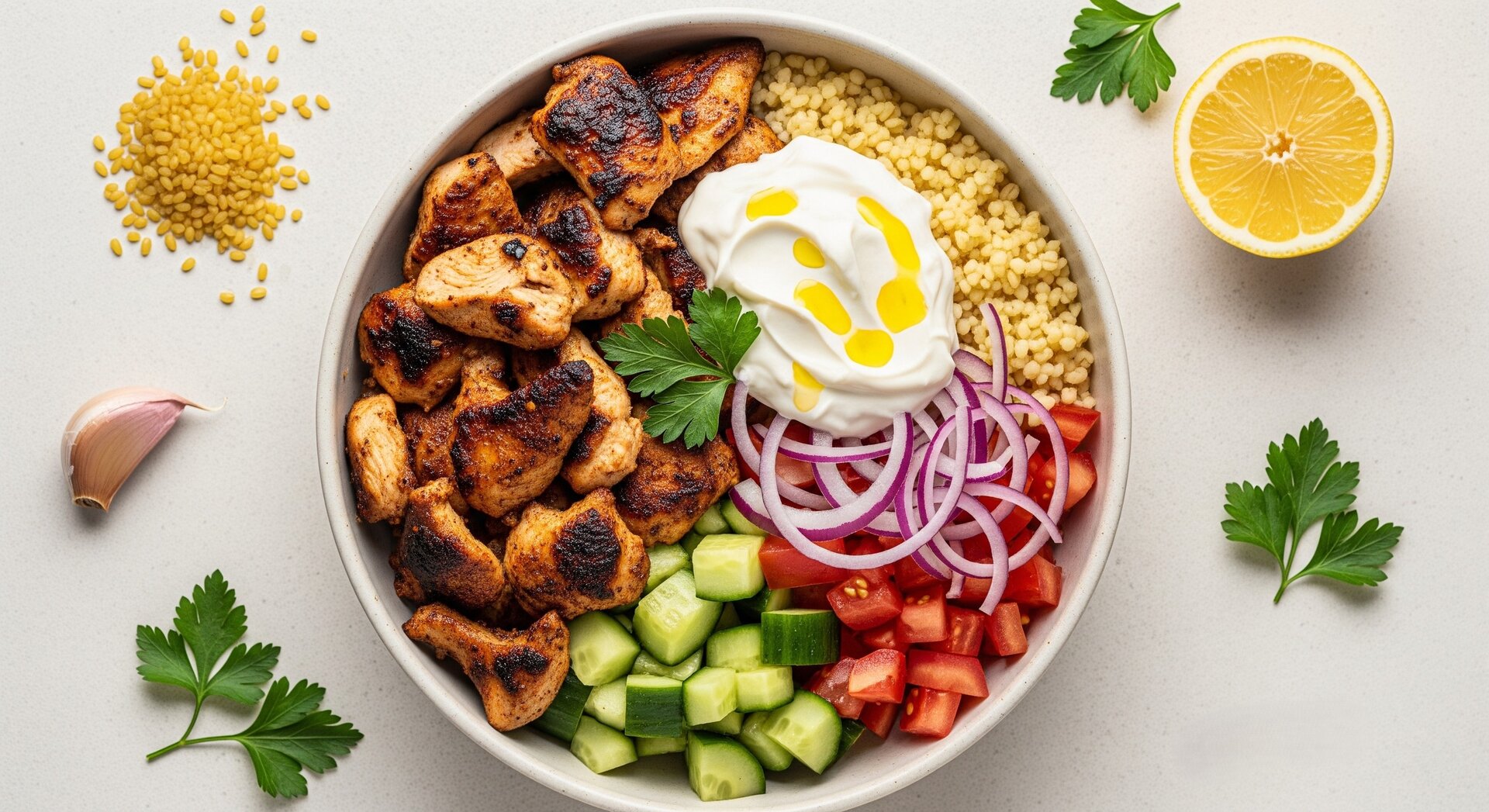 Kip Shawarma Bowl met Knoflooksaus