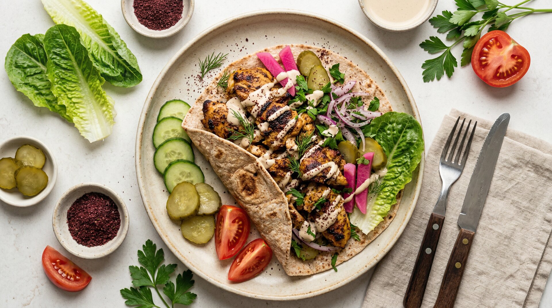 Kip Shawarma Plaatbrood met Tahini, Pickles & Sumak