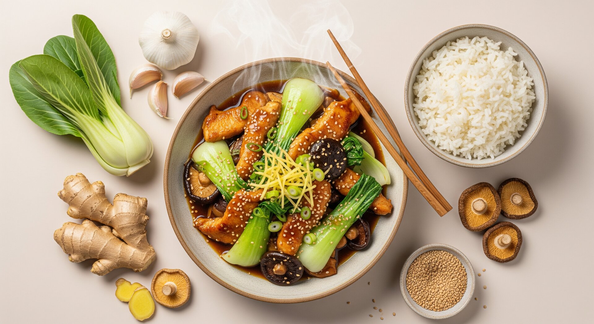 Gember-Kip met Shiitake en Bok Choy