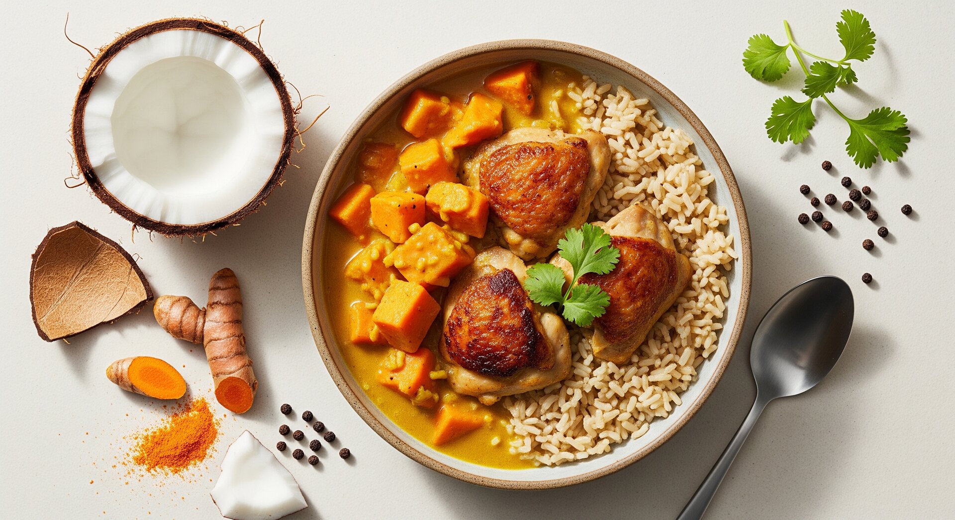 Kip-Zoete Aardappel Curry met Kokos en Kurkuma