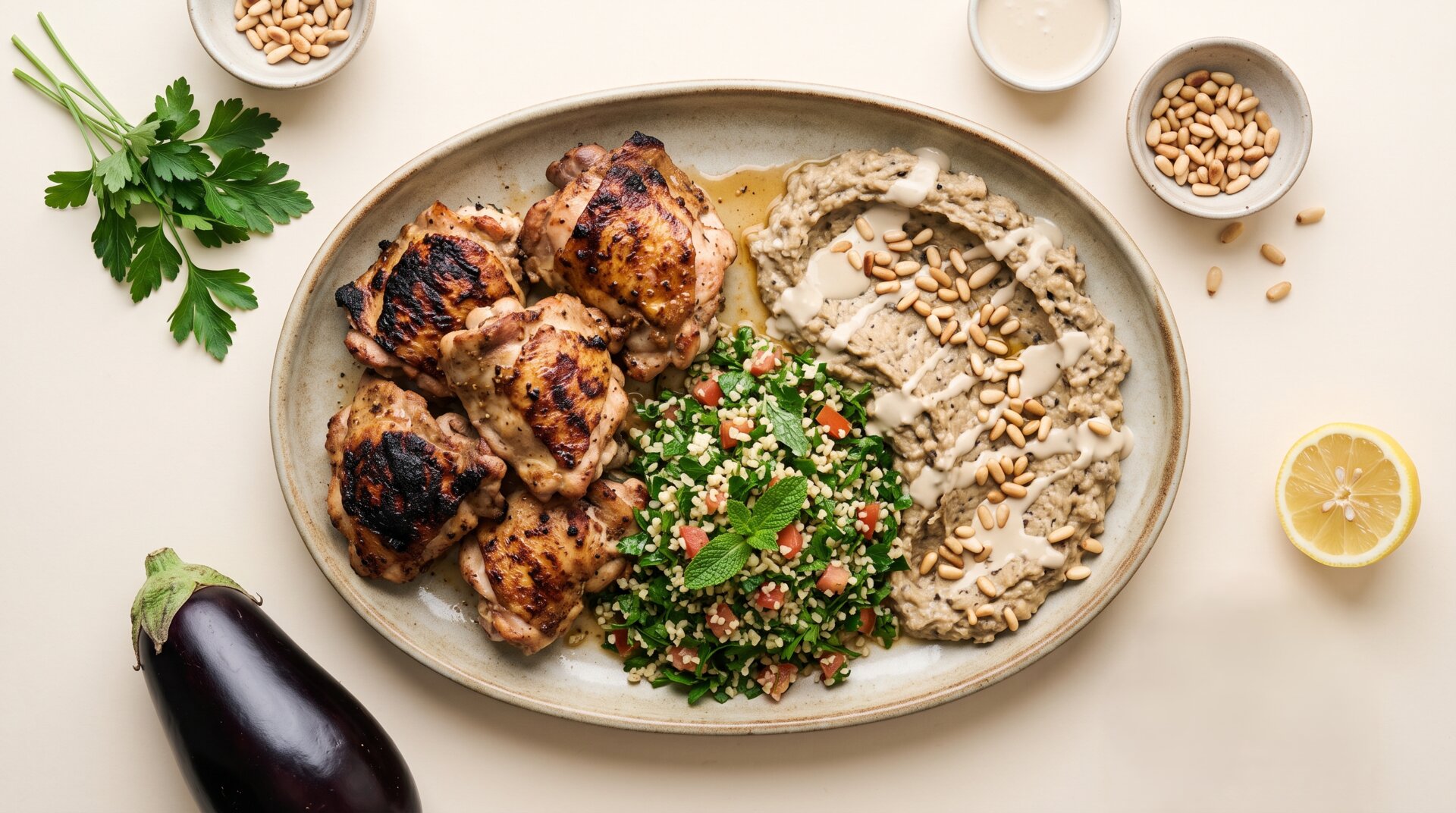 Gegrilde Kippendijen met Baba Ganoush en Tabbouleh
