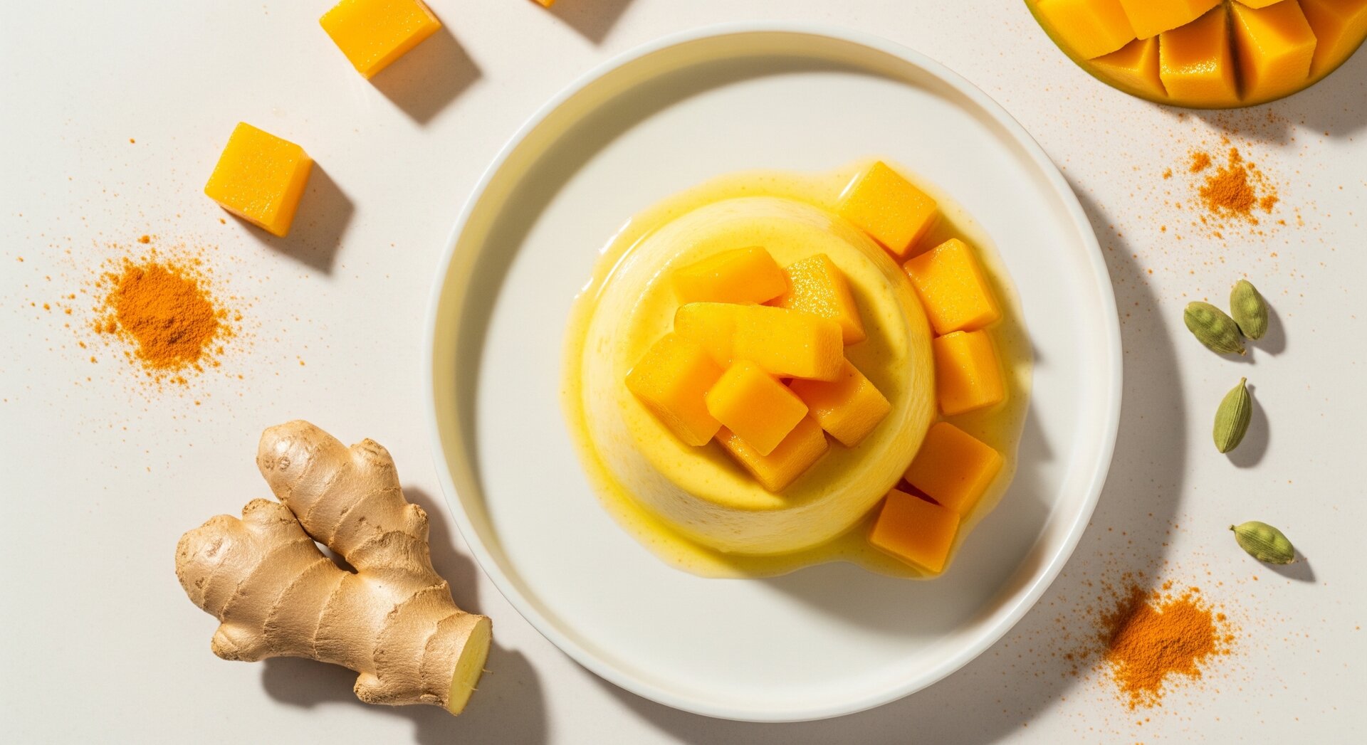 Kokos-Kurkuma Panna Cotta met Mango