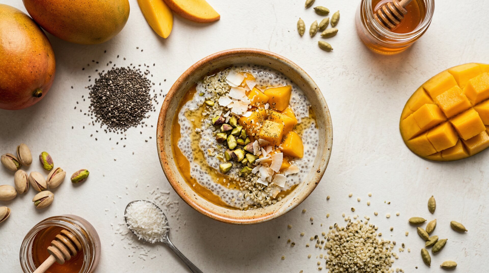 Kokos-Mango Chia Pudding met Pistache