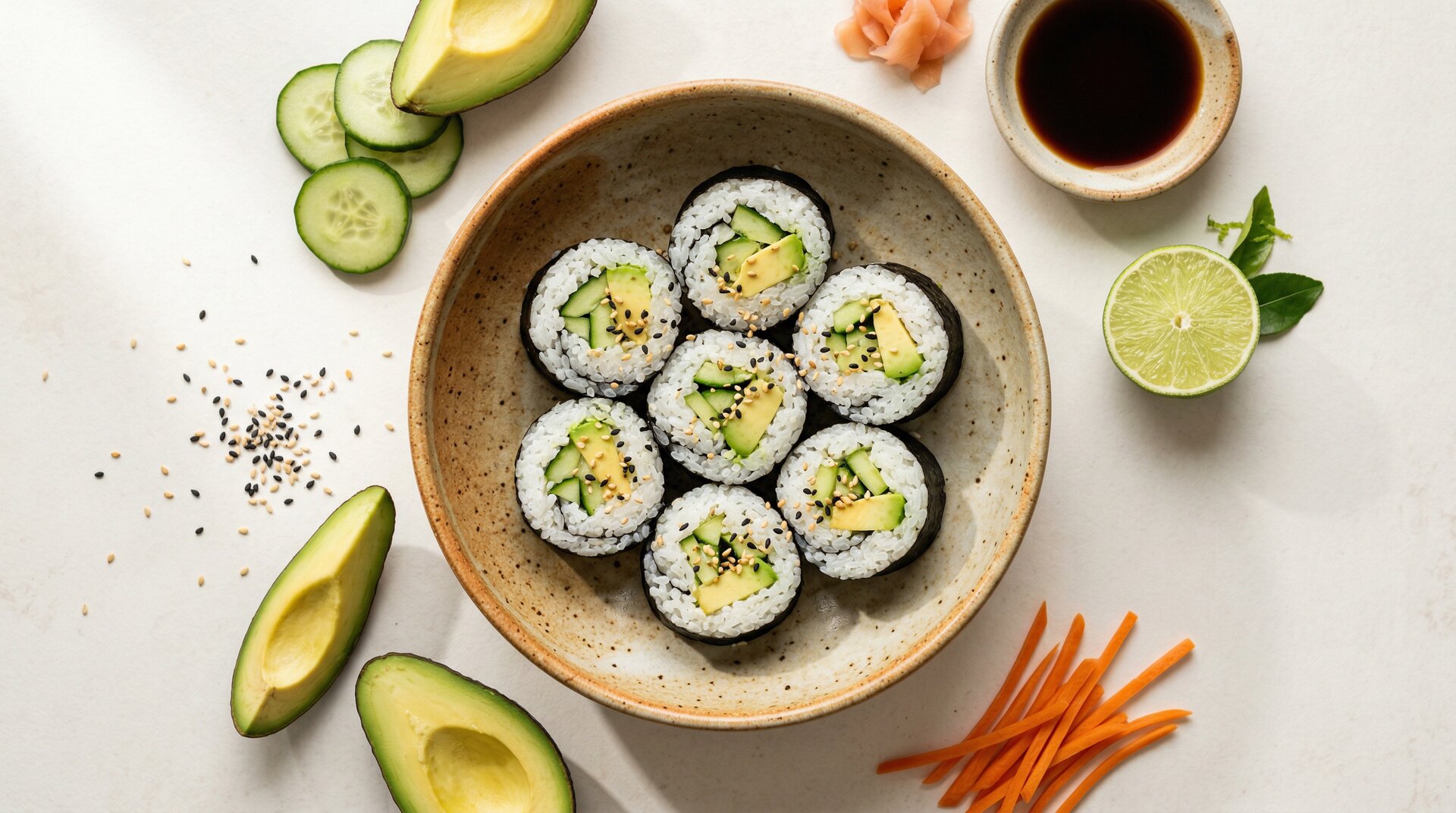 Komkommer-Avocado Sushi Rollen