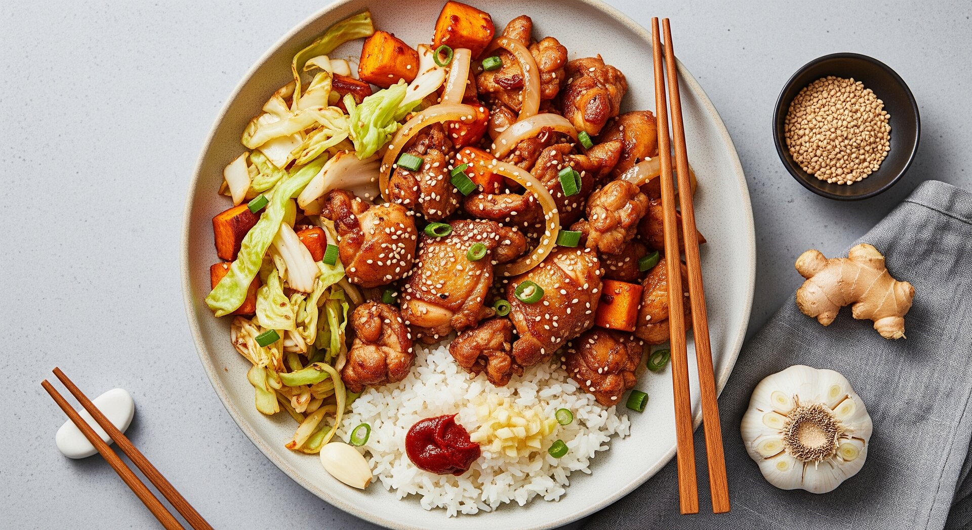 Koreaanse Dakgalbi Bowl met Gochujang Rijst