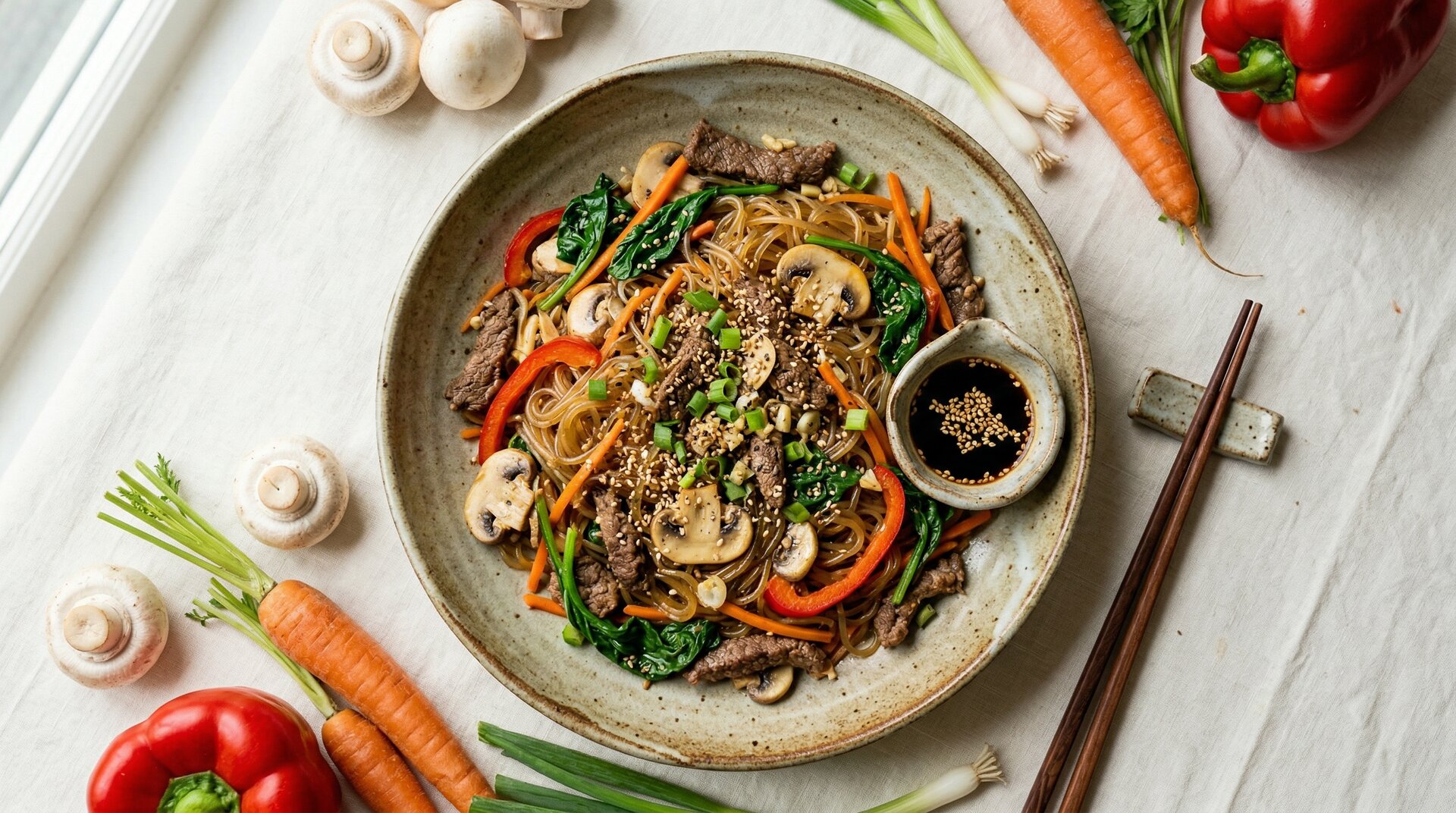 Koreaanse Japchae met Rundvlees en Groenten