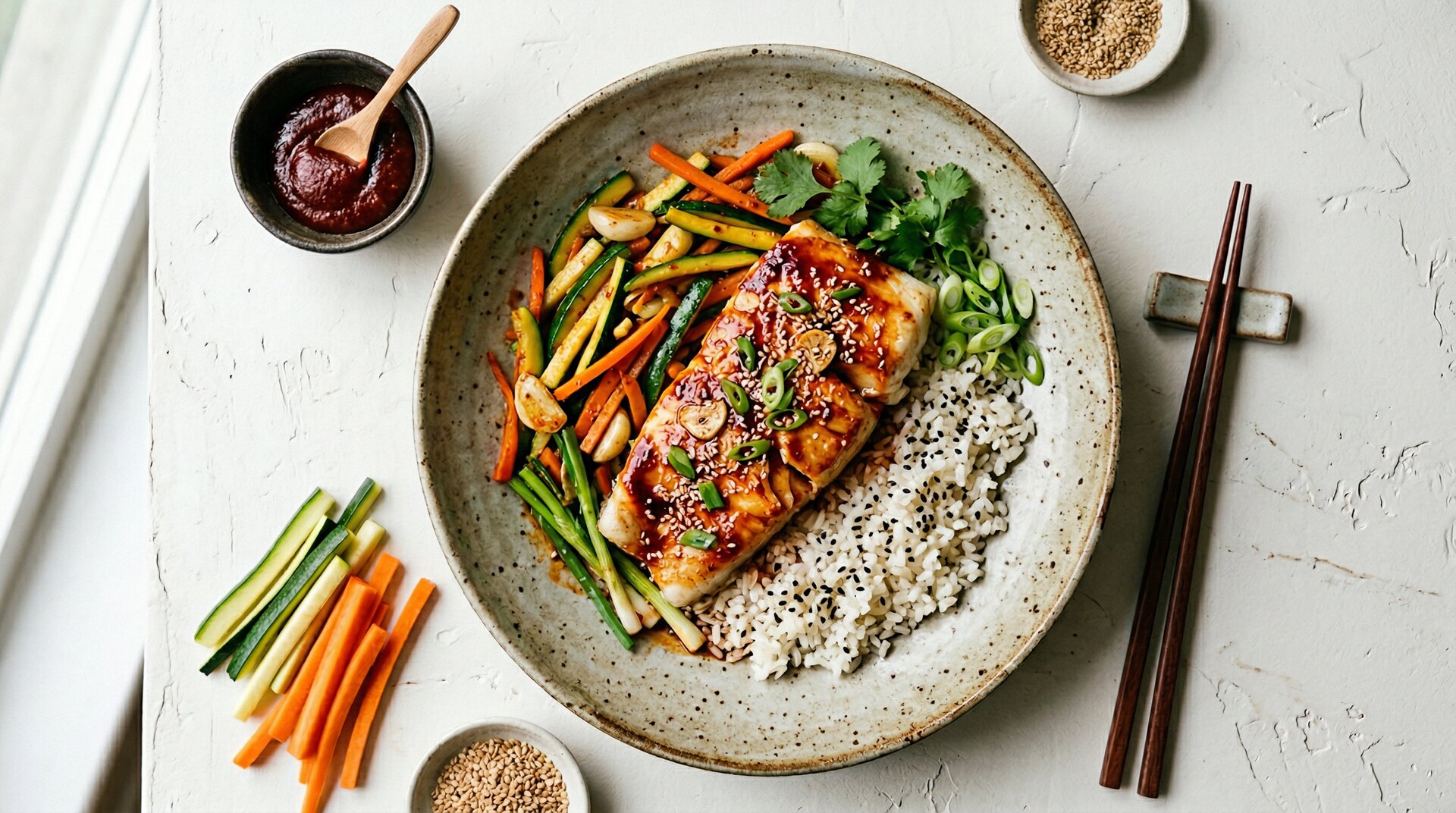 Koreaanse Witte Vis met Gochujang, Groenten en Rijst