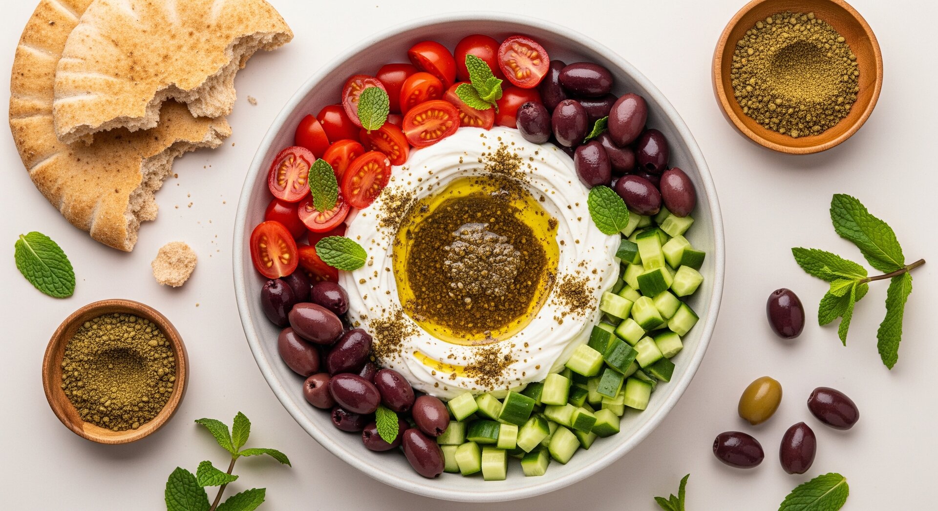 Labneh Bowl met Za'atar, Olijven en Groenten
