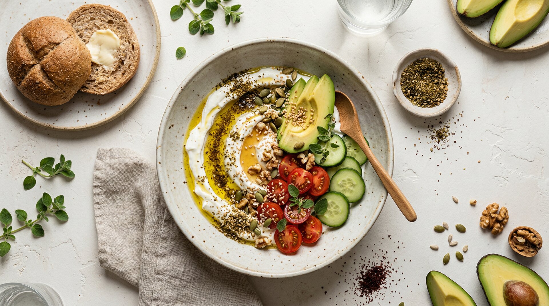 Labneh Ontbijtbowl met Za'atar, Olijfolie & Pitten