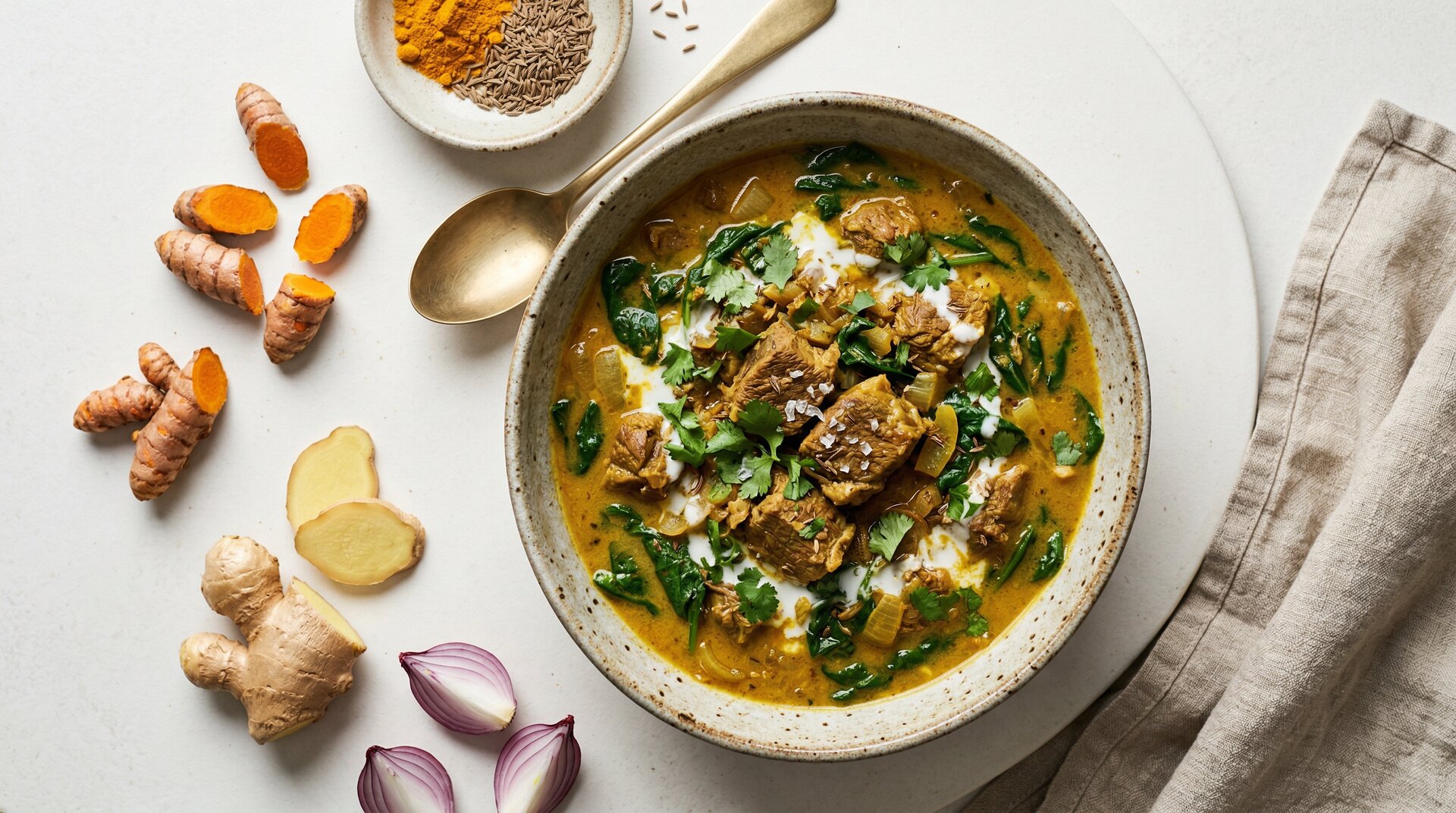 Lam-Spinazie Stoofpot met Kokosmelk en Kurkuma (Keto)
