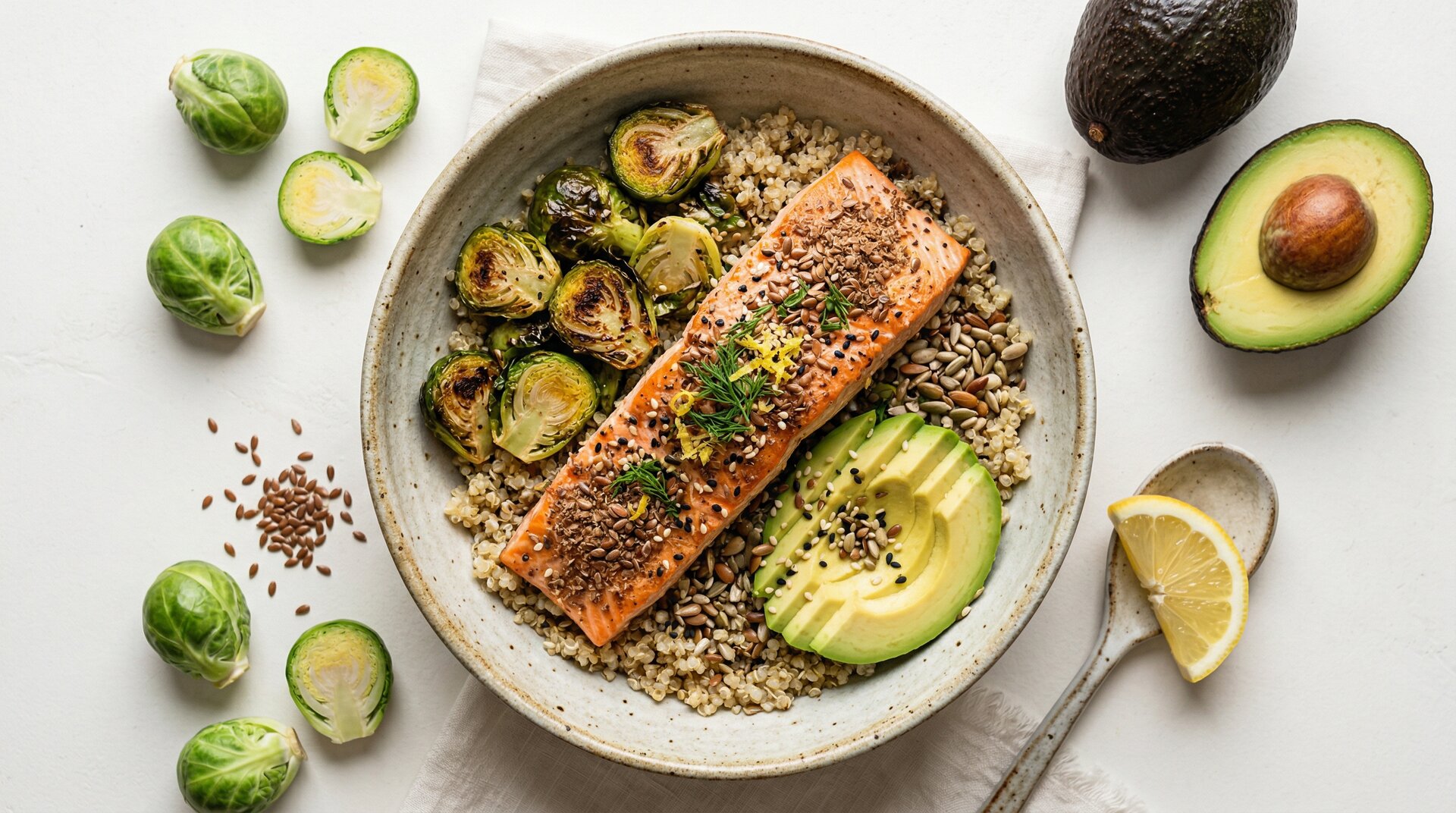 Zalm-Lijnzaad Bowl met Geroosterde Spruitjes