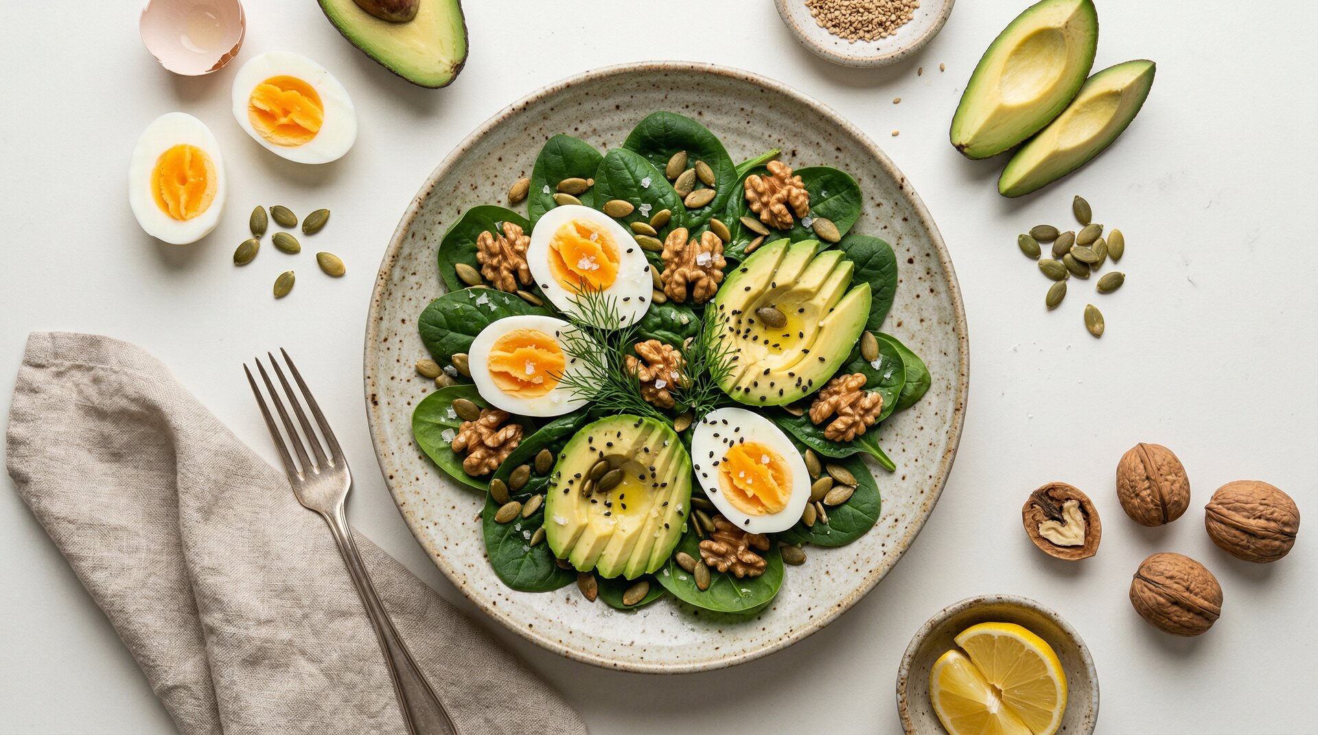 Spinaziesalade met Eieren, Avocado en Zaden