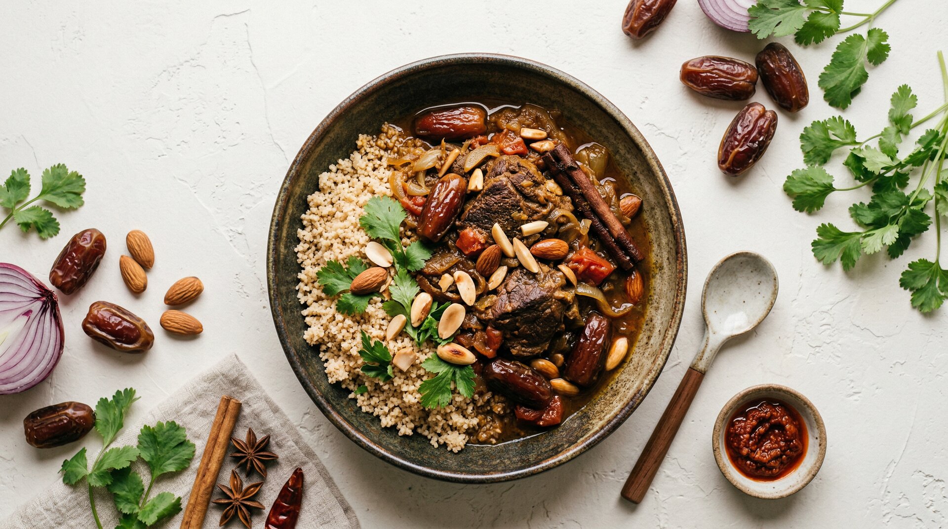 Marokkaanse Lamstajine met Dadels, Amandelen en Couscous