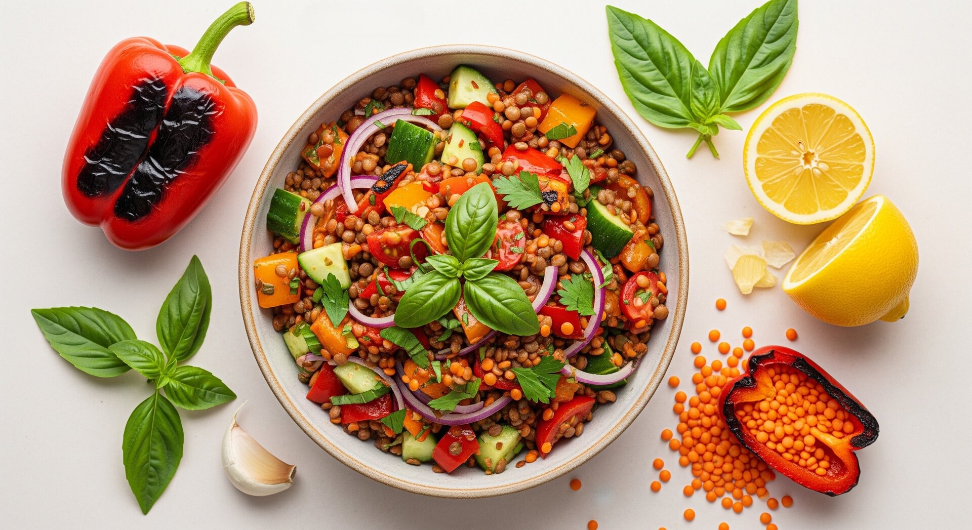 Mediterrane Linzensalade met Geroosterde Paprika