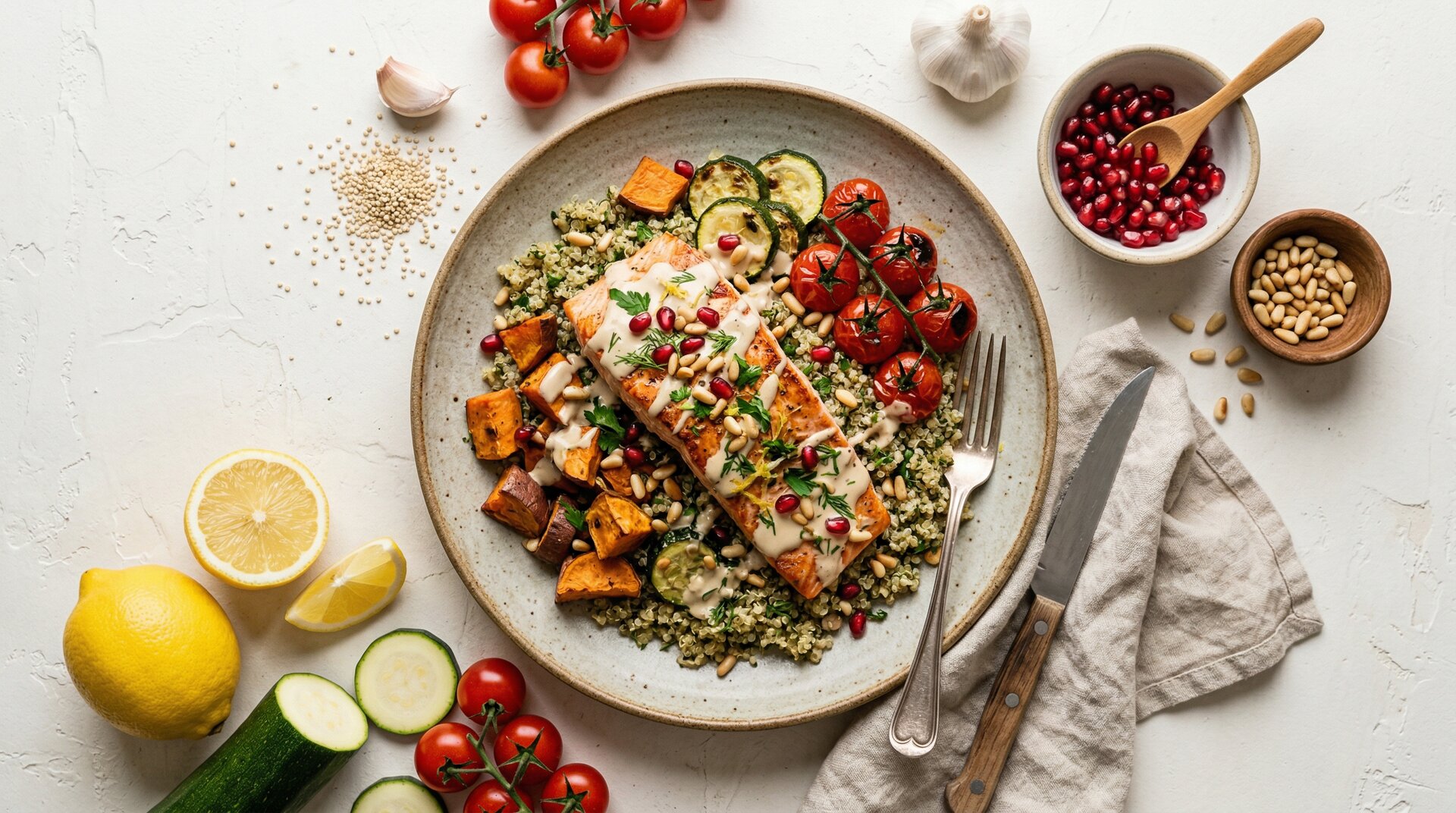 Mediterrane Zalm met Quinoa, Tahini en Geroosterde Groenten