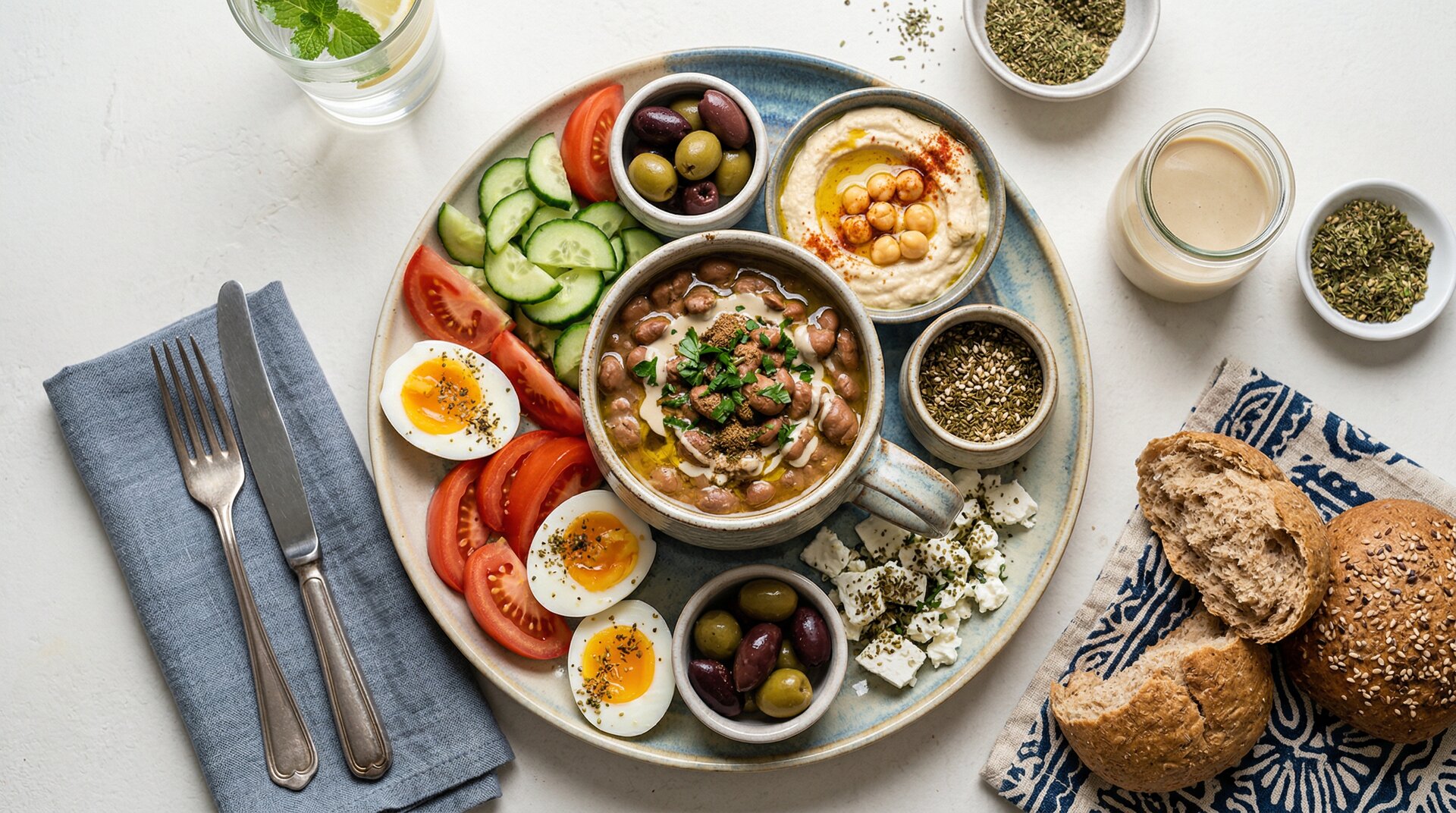 Midden-Oosters Ontbijtplateau (Ful Medames, Hummus & Za'atar)