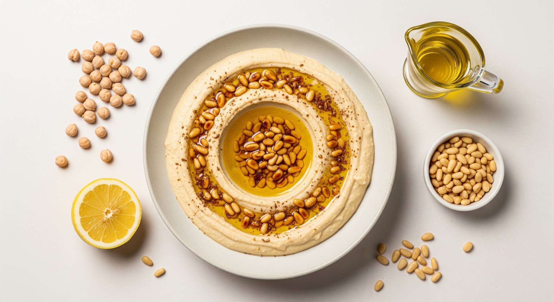 Midden-Oosterse Hummus met Olijfolie en Pijnboompitten