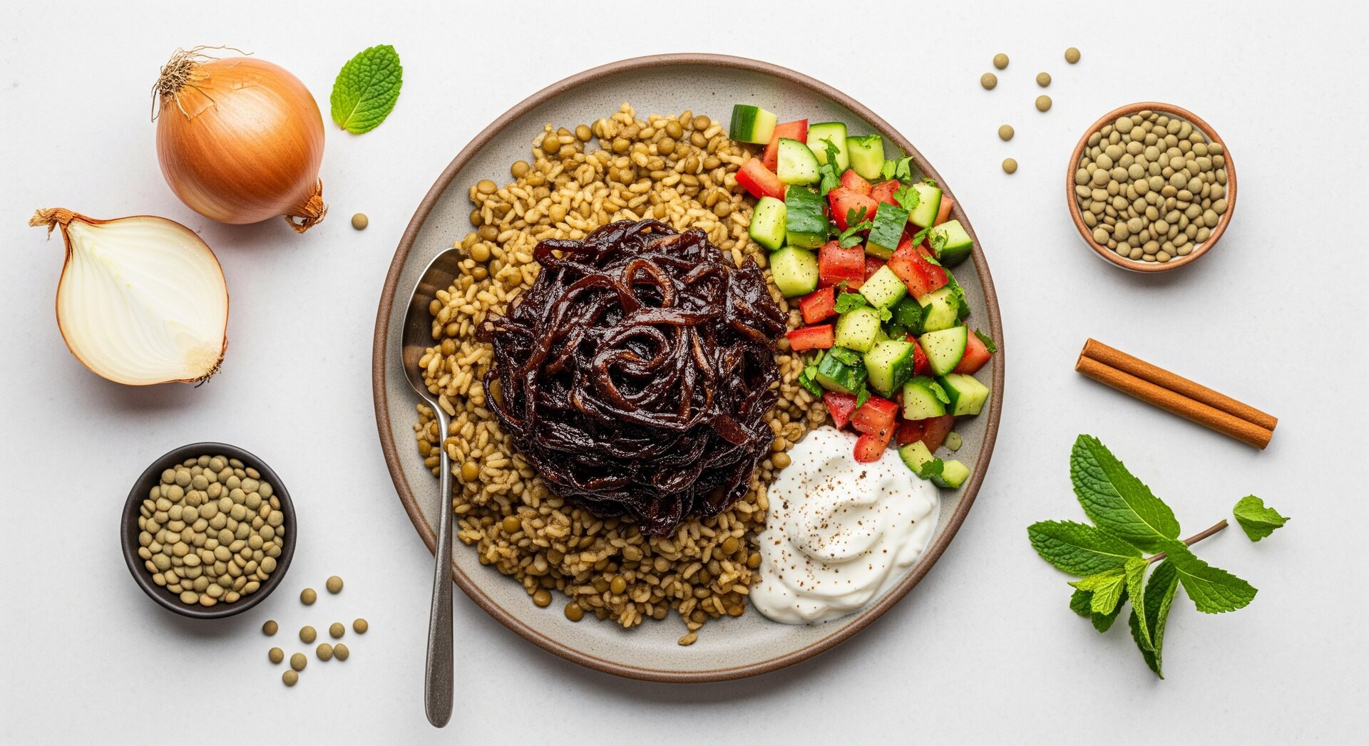 Mujaddara met Karamelui en Komkommersalade