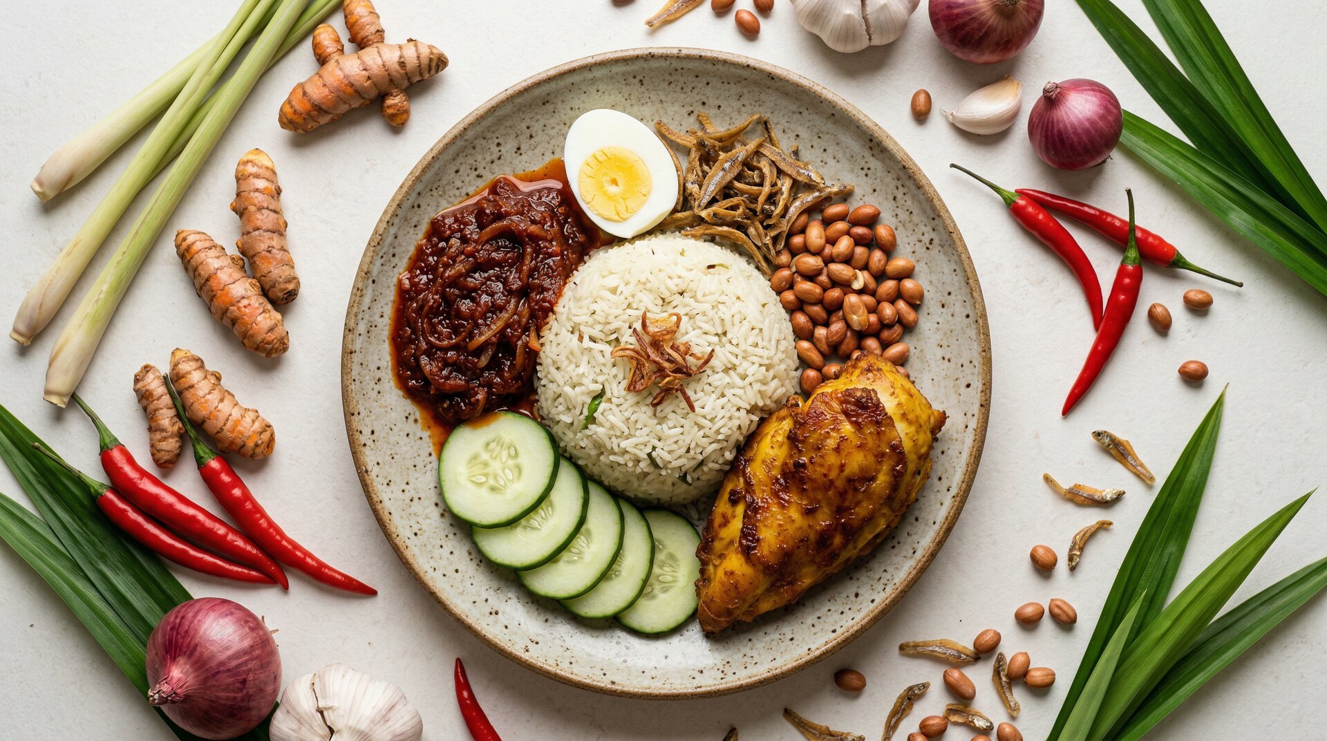 Nasi Lemak met Kip, Sambal en Komkommer