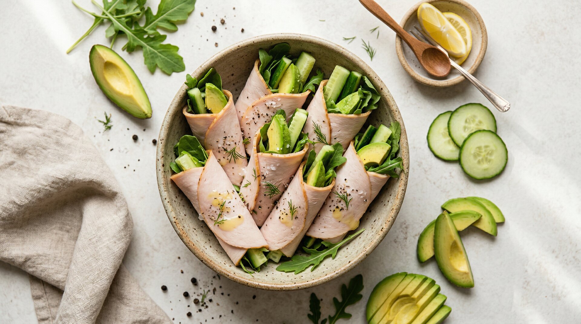 Kalkoenrolletjes met Avocado, Komkommer en Rucola