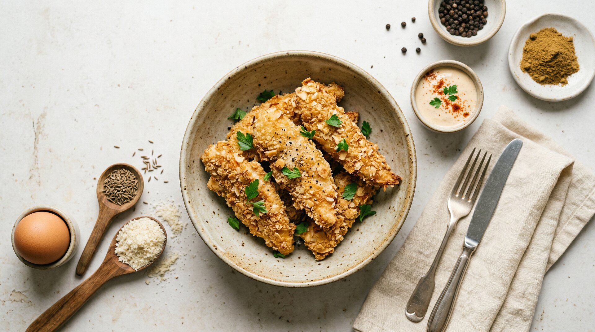 Kipfiletstrips met Amandelkorst