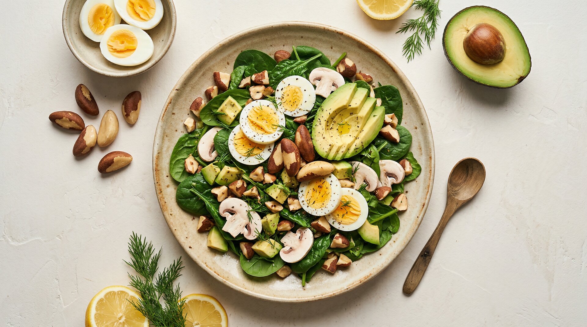 Salade met Eieren, Avocado, Champignons en Paranoten