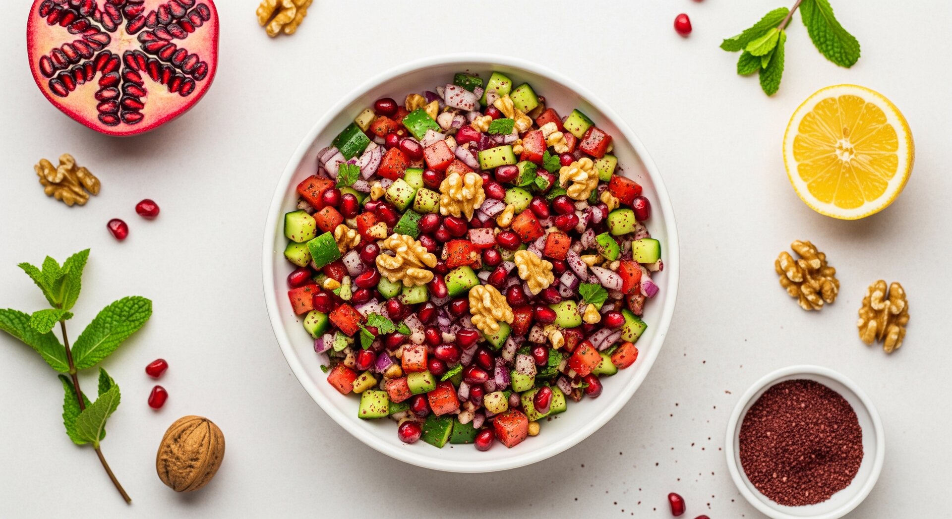 Perzische Shirazi Salade met Walnoten en Granaatappel