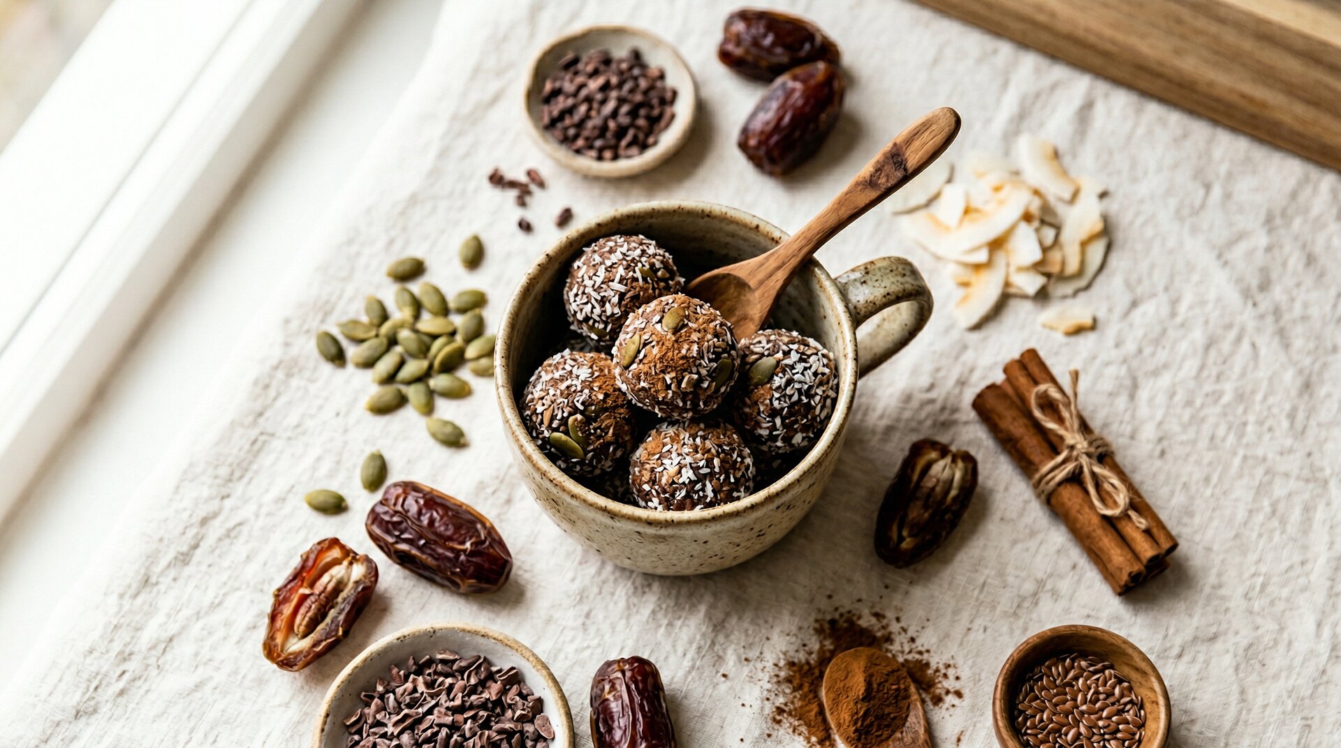 Pompoenpit-Cacao Kokosballen met Kaneel