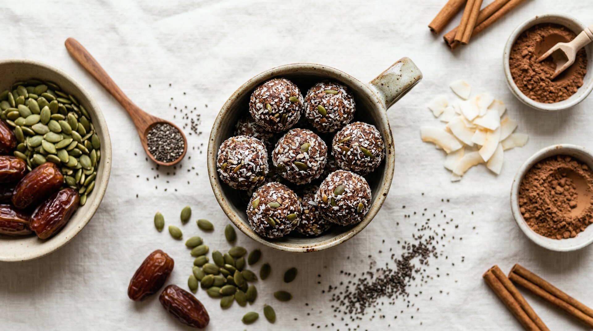 Pompoenpitten-Kokos Balletjes met Cacao